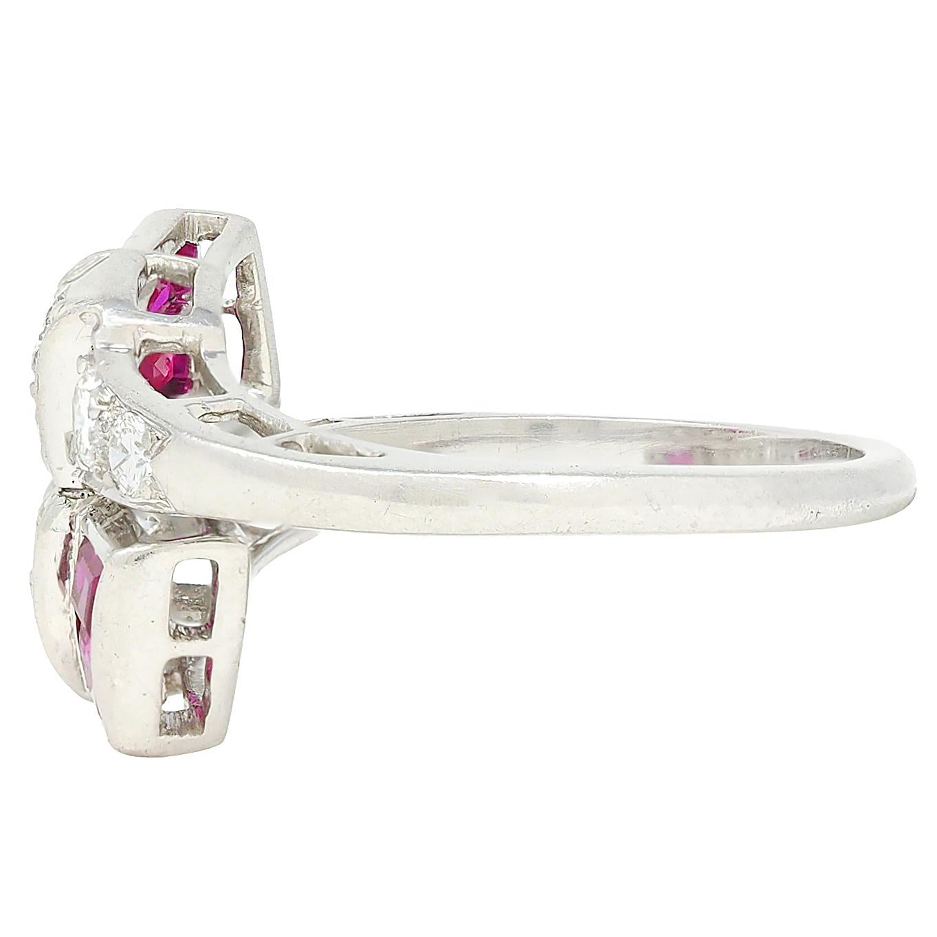Maurice Tishman Mid-Century Ruby Diamond Platinum Bypass Ring