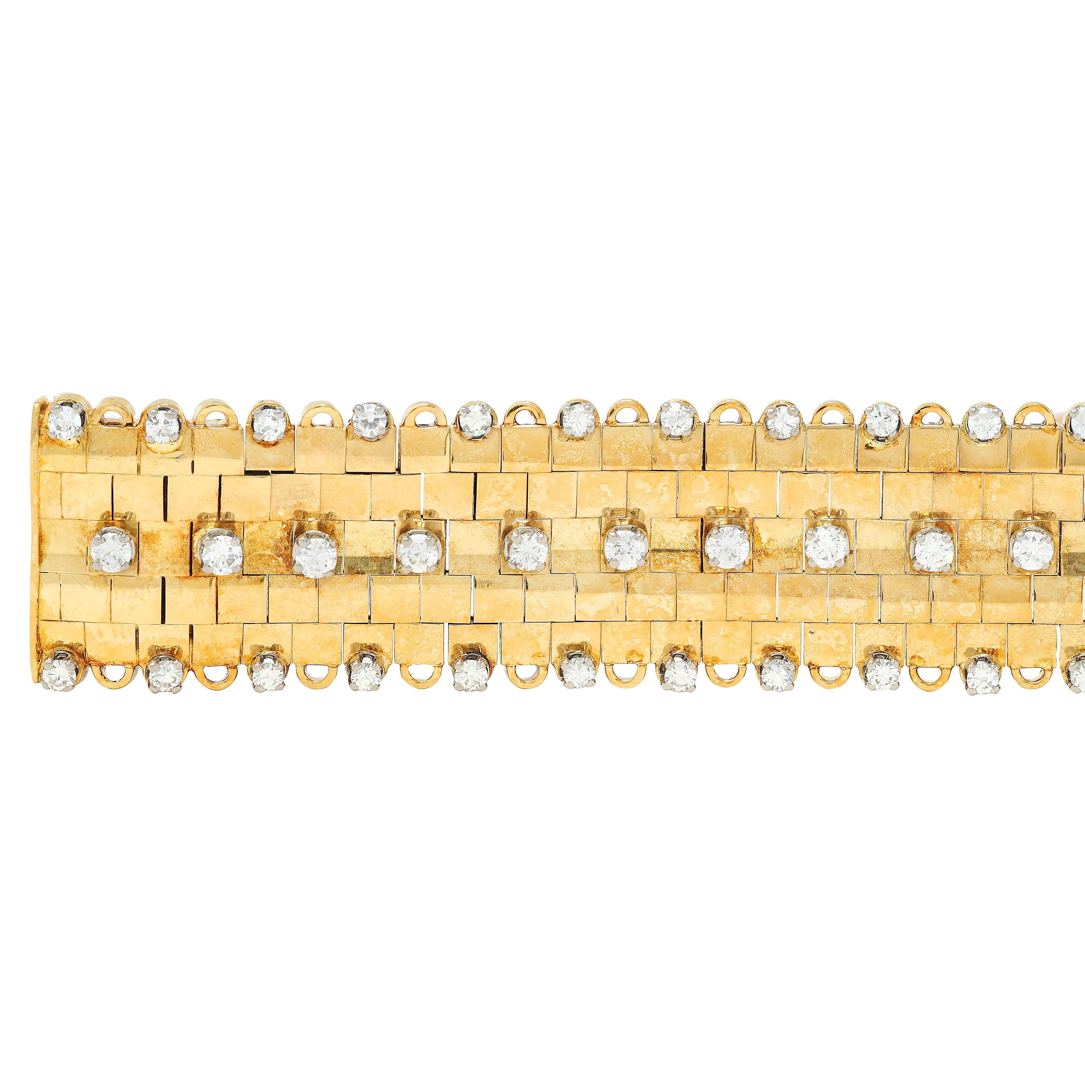 Mid-Century 4.32 CTW Diamond Platinum 18K Gold Vintage Panther Link Bracelet