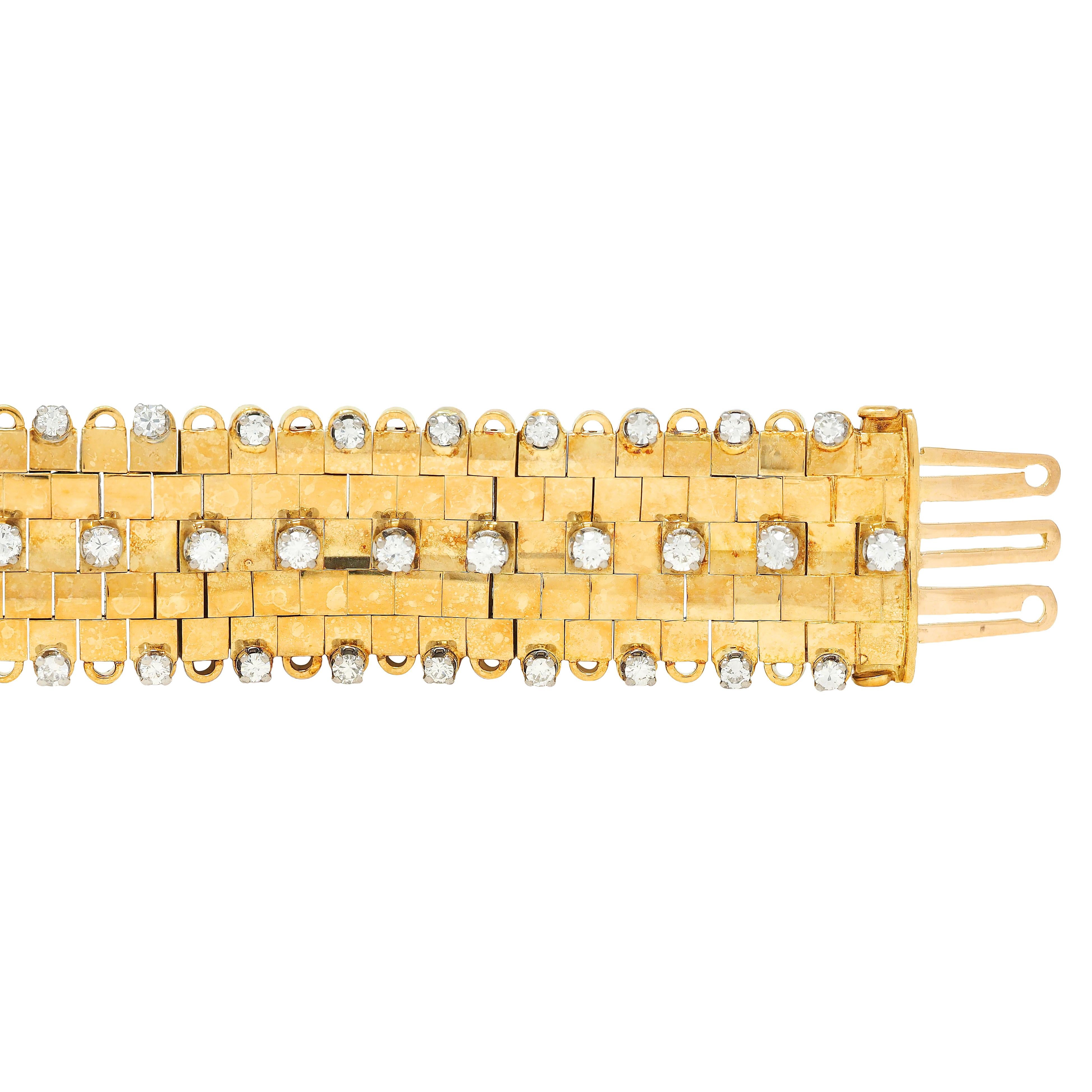 Mid-Century 4.32 CTW Diamond Platinum 18K Gold Vintage Panther Link Bracelet