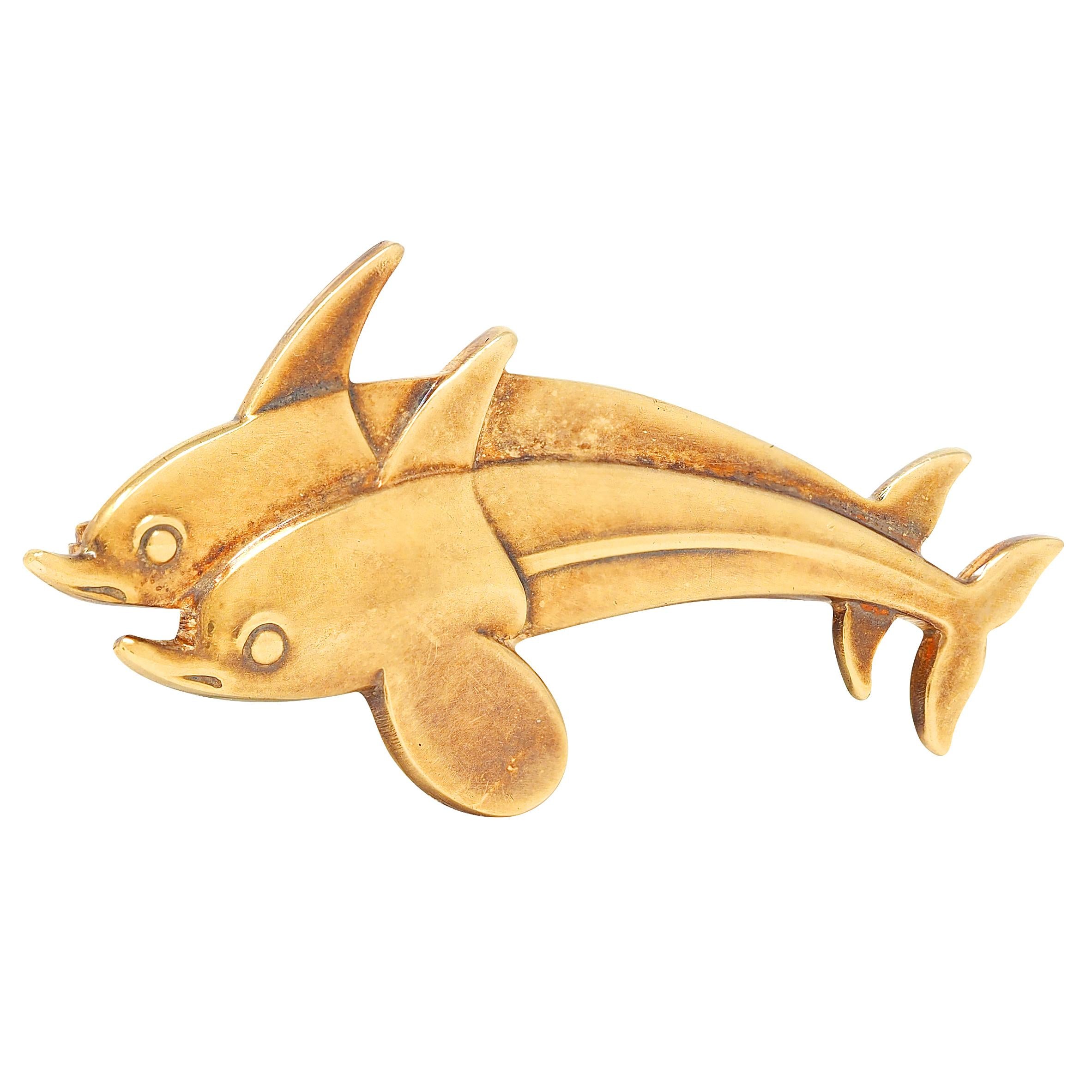 Georg Jensen Arno Malinowski Modernist 18K Gold Vintage Double Dolphin Brooch