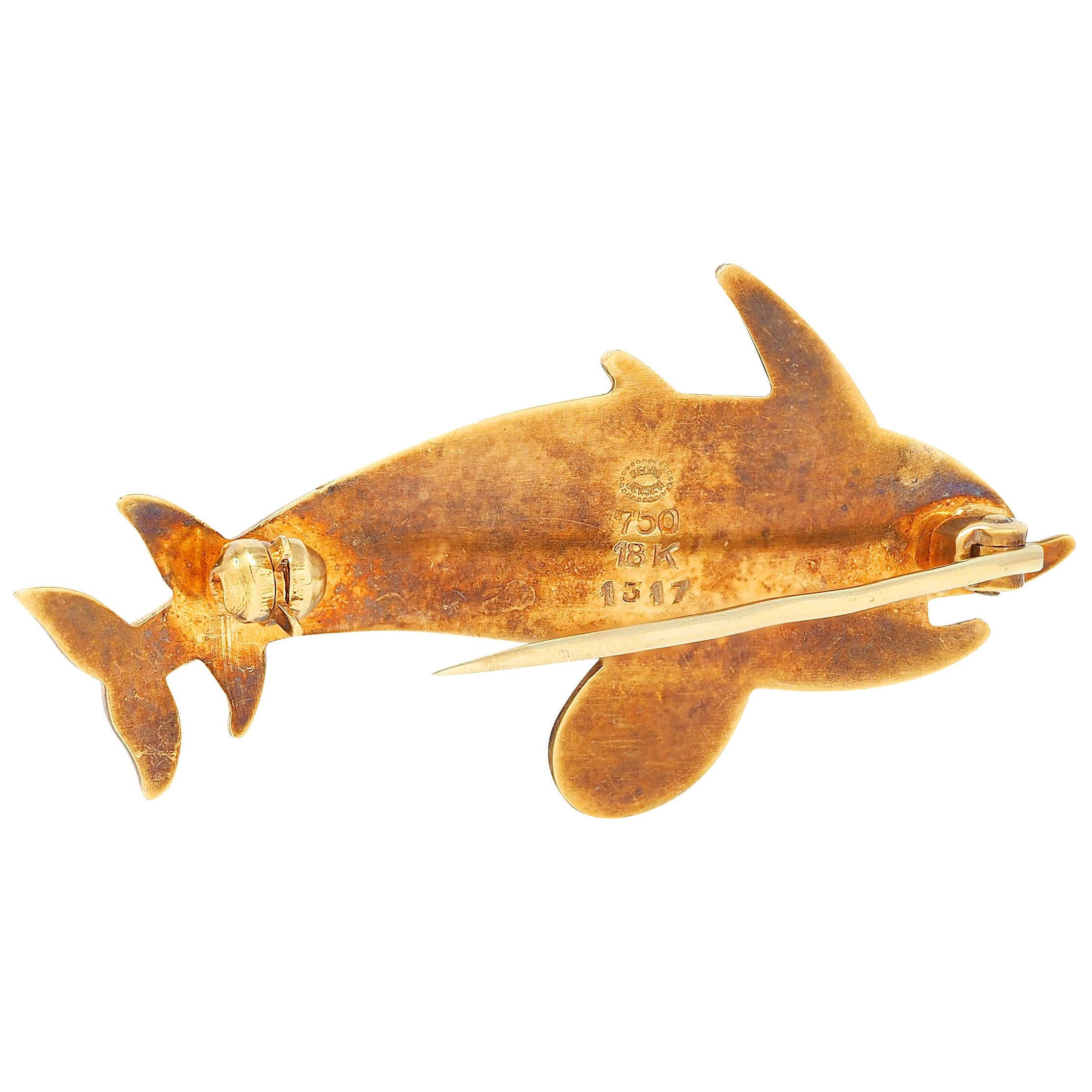 Georg Jensen Arno Malinowski Modernist 18K Gold Vintage Double Dolphin Brooch