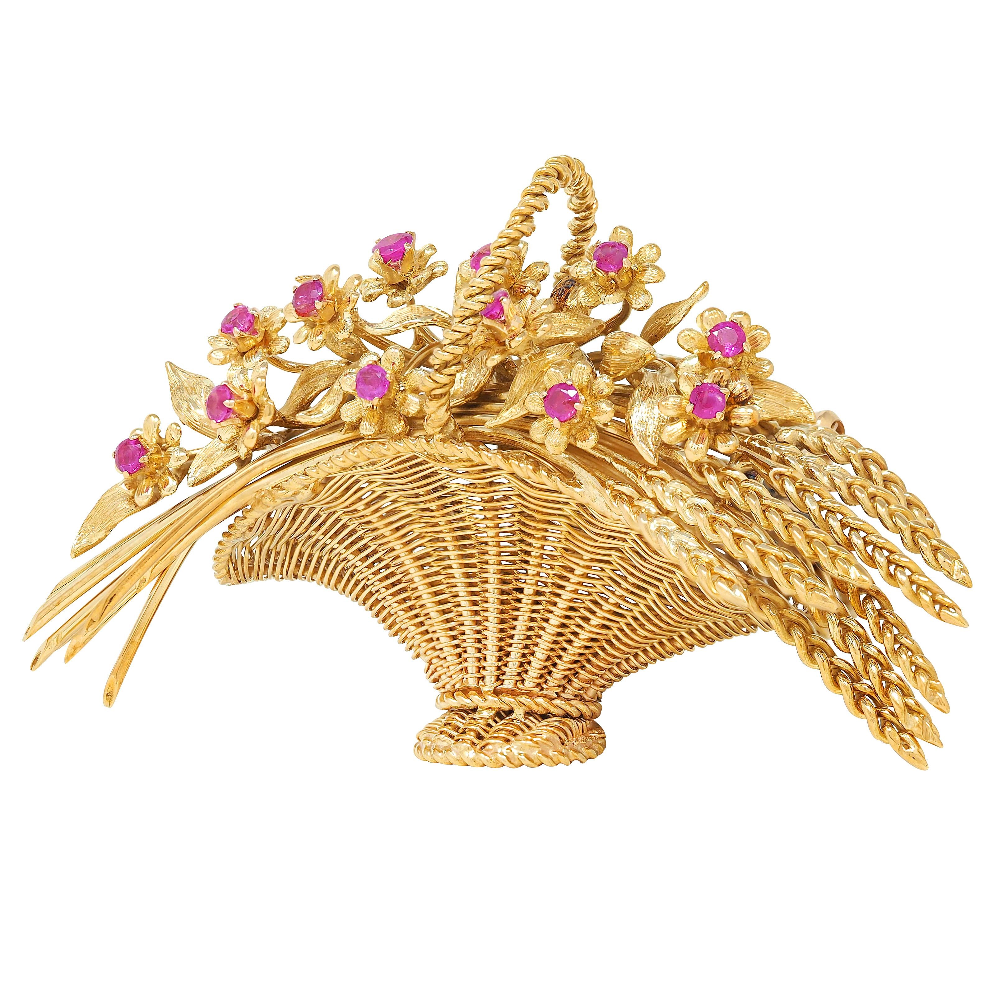 Tiffany & Co. 1950's Ruby 18 Karat Yellow Gold Vintage Giardinetto Flower Brooch