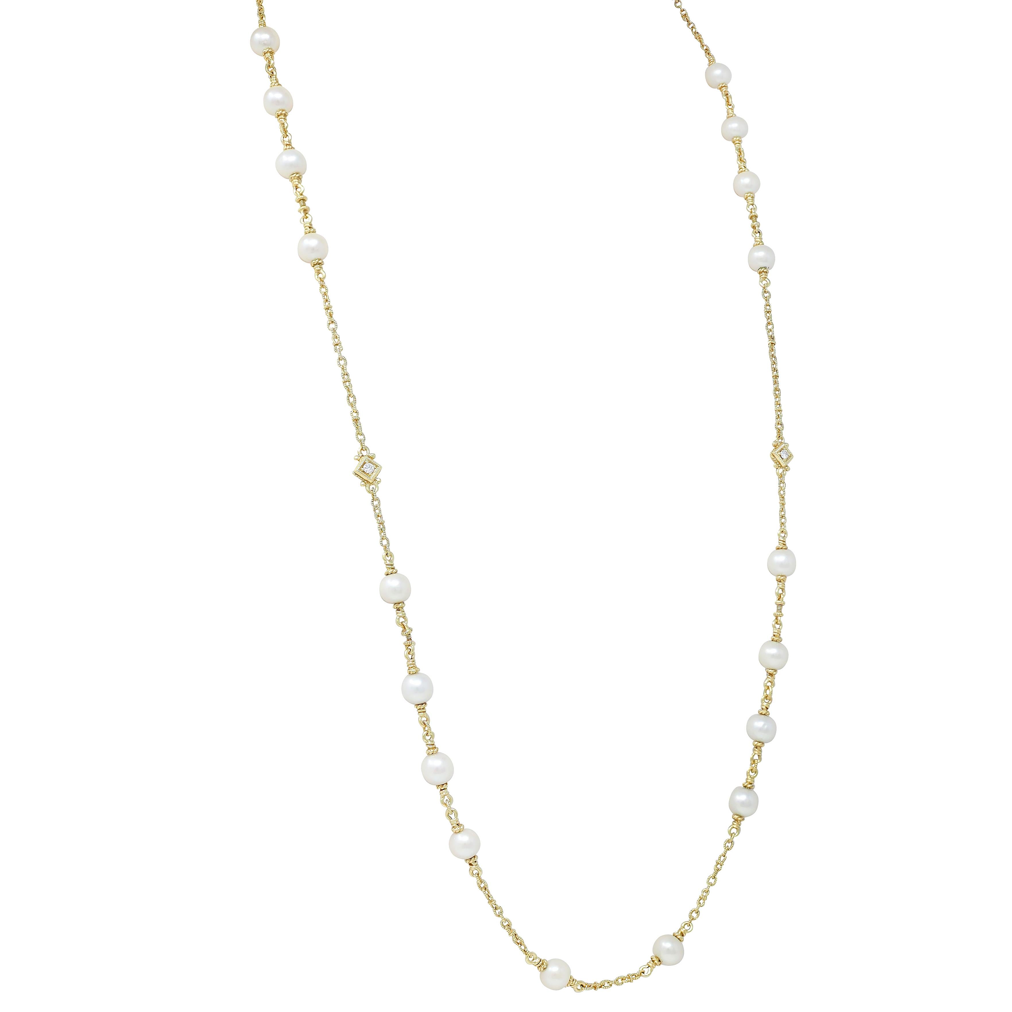 Judith Ripka 2000's Akoya Pearl Diamond 18 Karat Yellow Gold Station Necklace