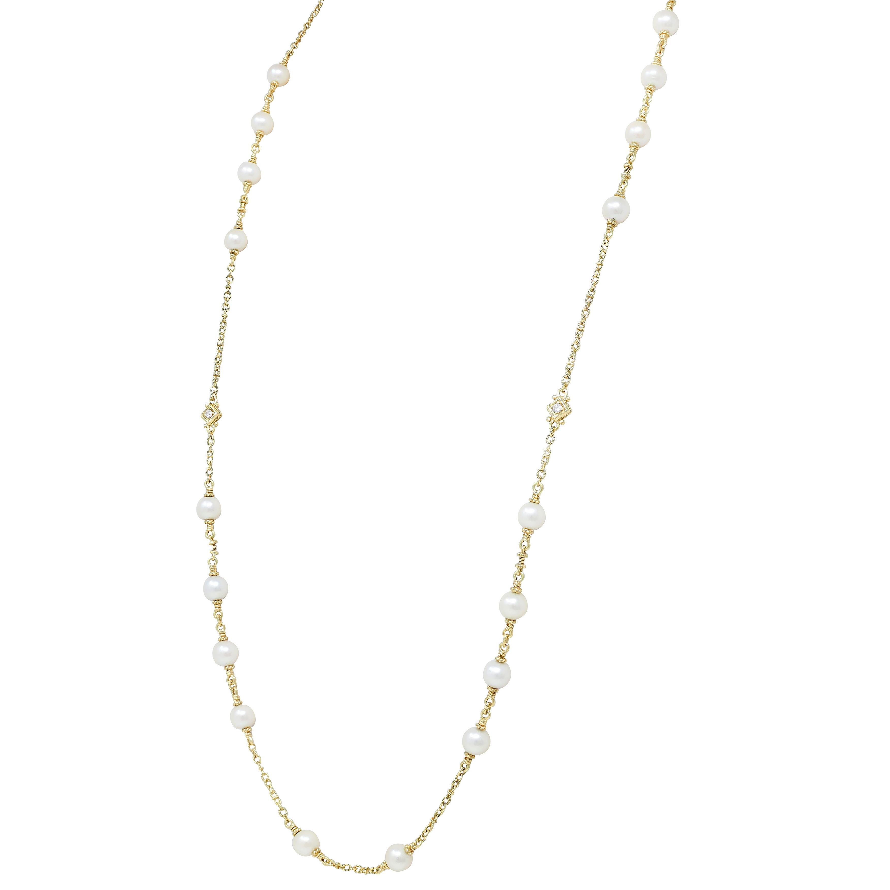 Judith Ripka 2000's Akoya Pearl Diamond 18 Karat Yellow Gold Station Necklace