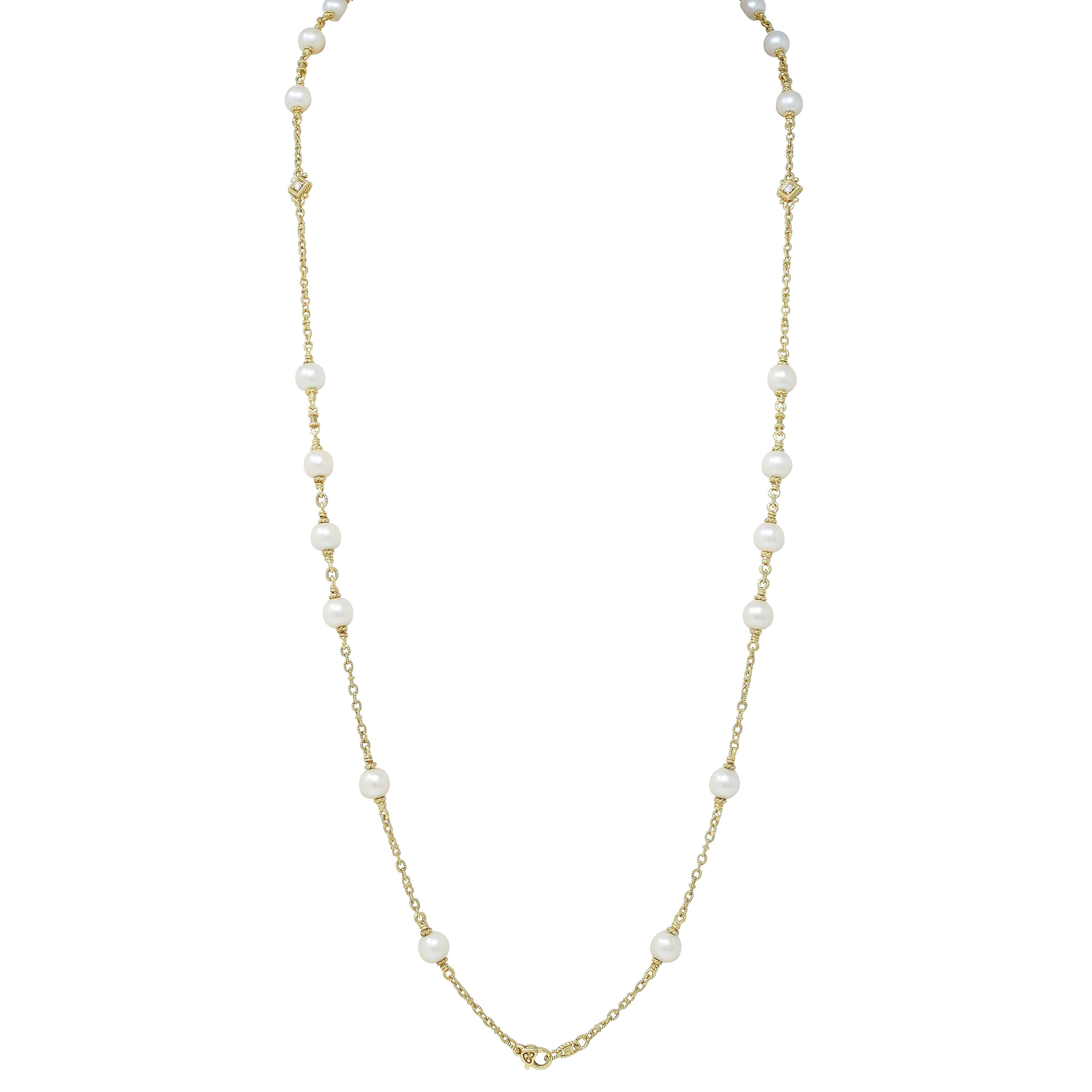 Judith Ripka 2000's Akoya Pearl Diamond 18 Karat Yellow Gold Station Necklace