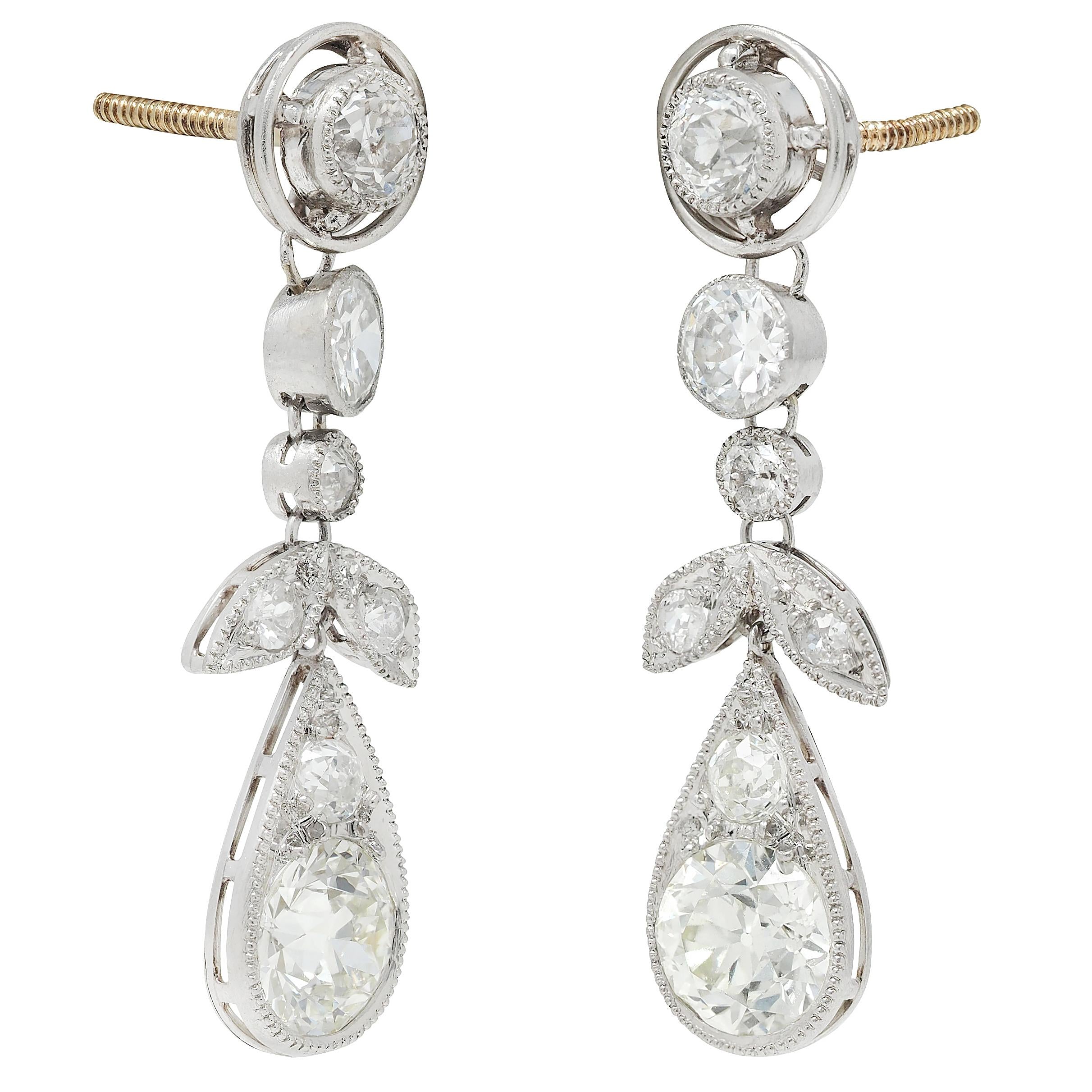 Art Deco Diamond 4.20 Platinum 14 Karat Gold Antique Floral Drop Earrings