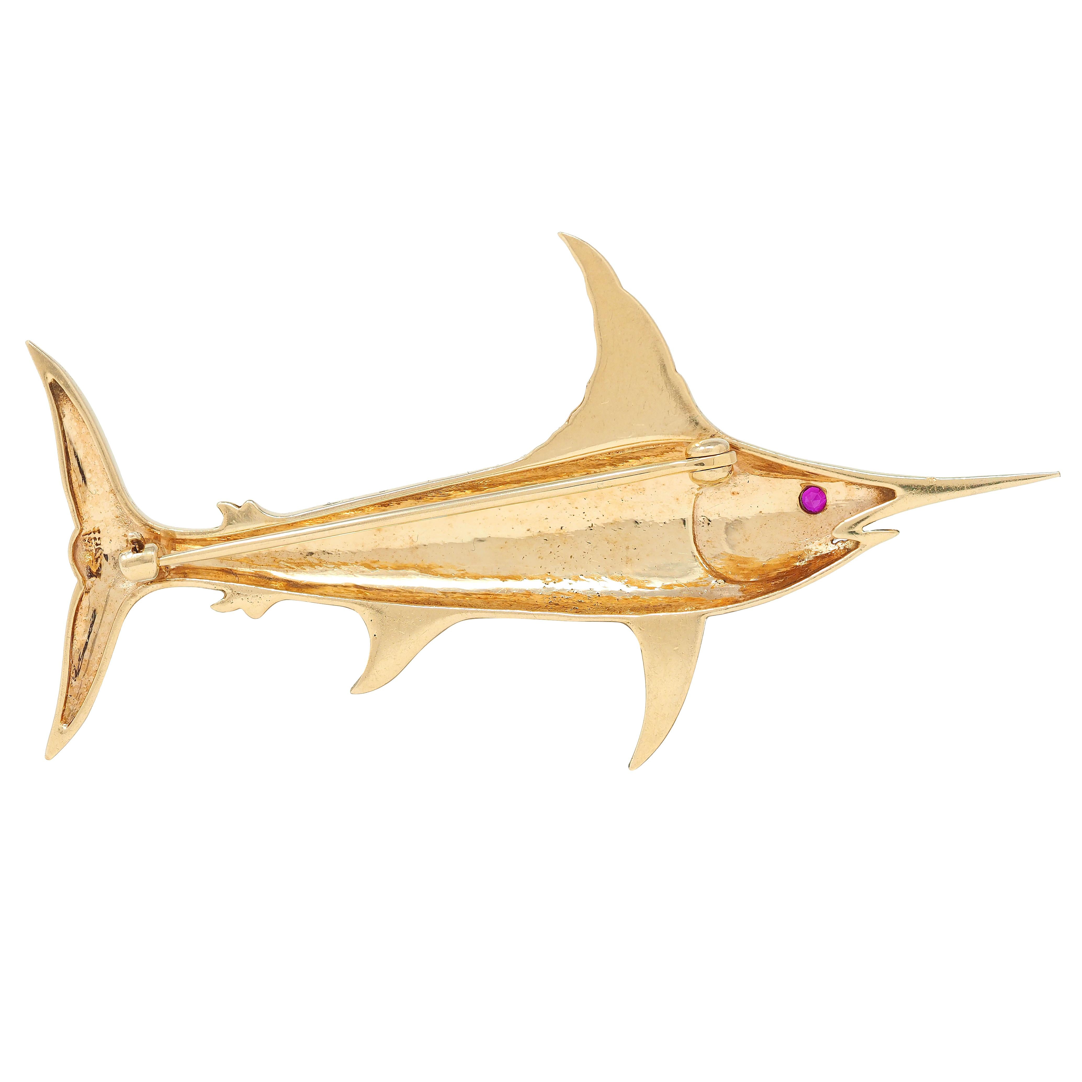 1960's Ruby 14 Karat Yellow Gold Vintage Sword Fish Brooch