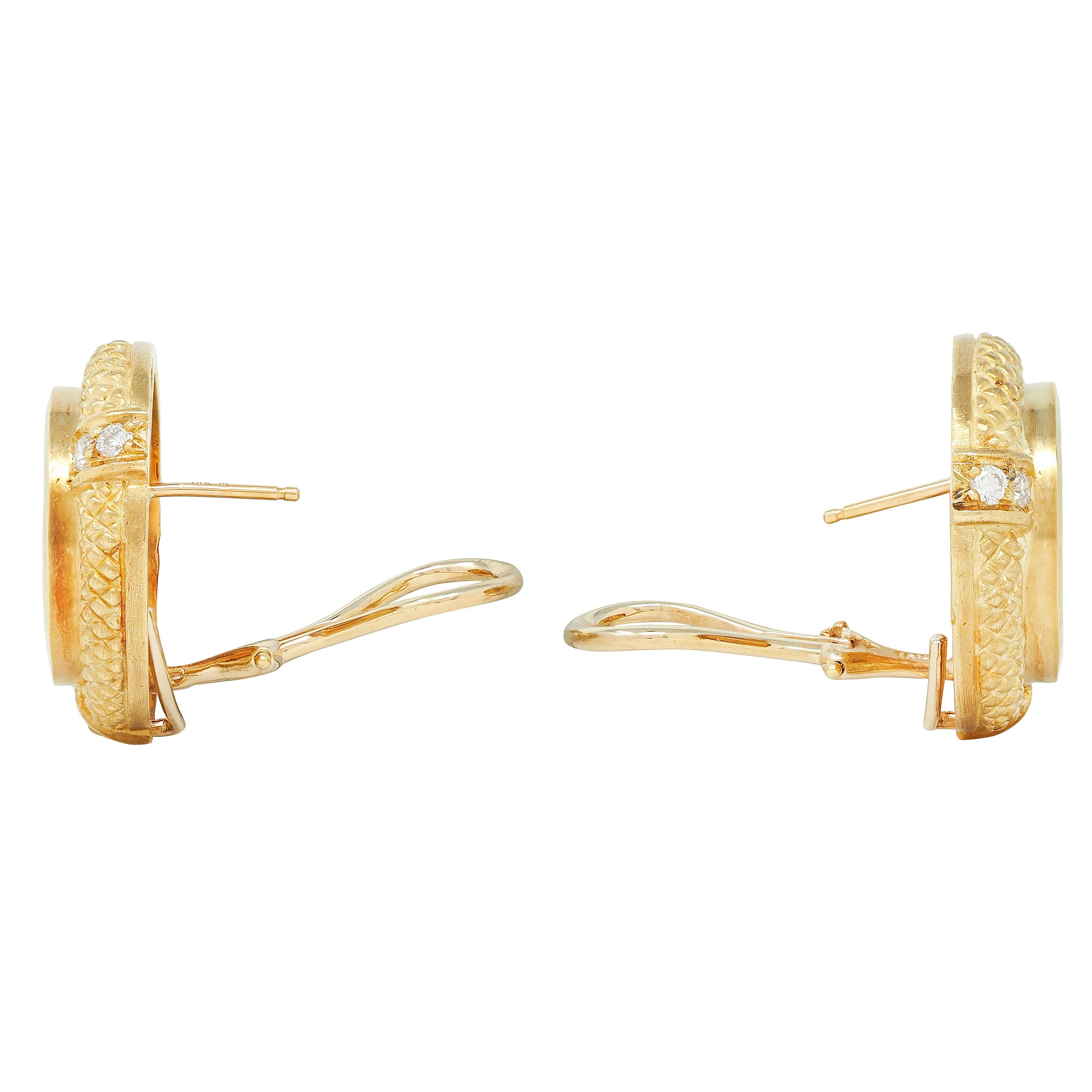 Judith Ripka 2000s Venetian Glass Diamond 18 Karat Yellow Gold Intaglio Earrings