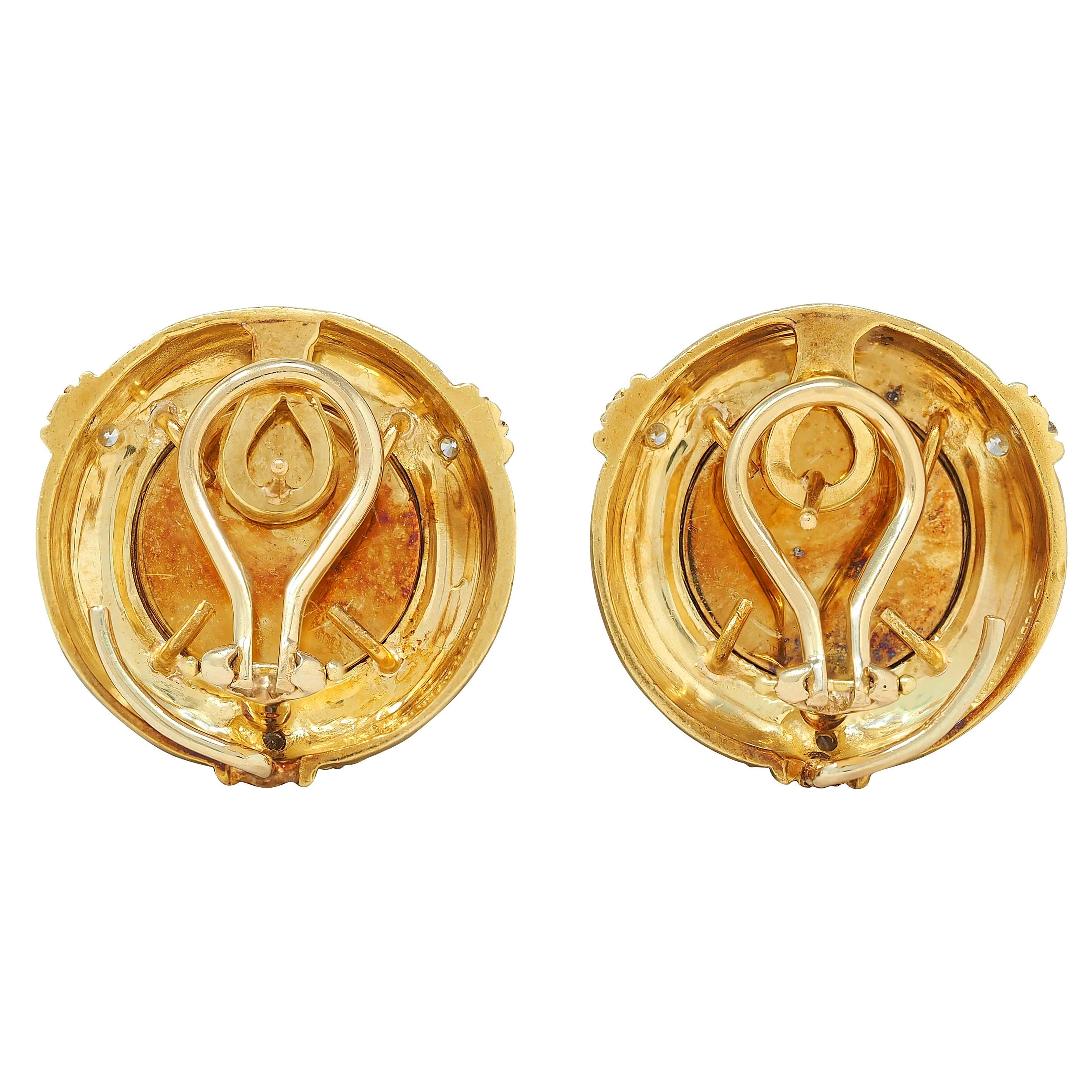 Judith Ripka 2000s Venetian Glass Diamond 18 Karat Yellow Gold Intaglio Earrings