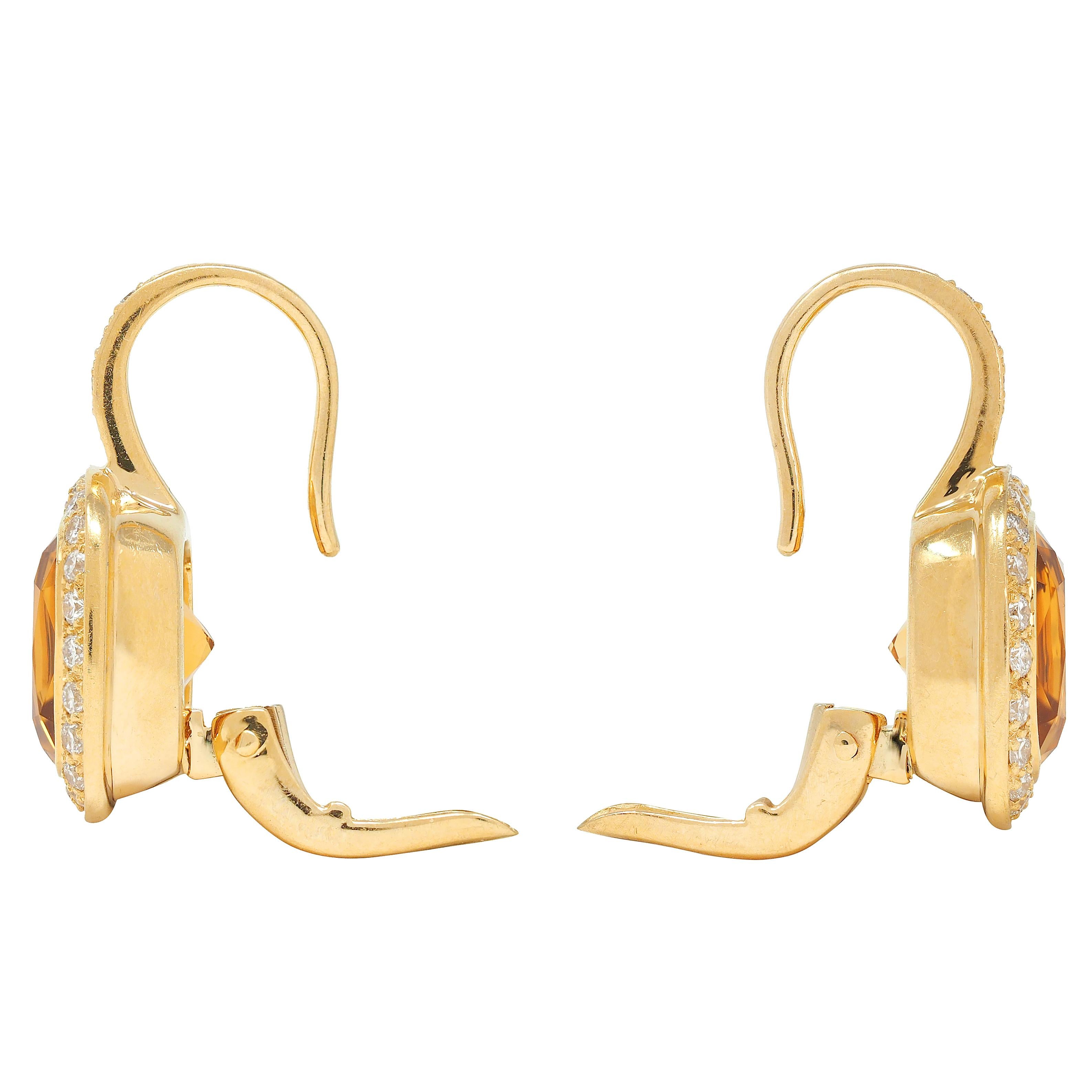 Contemporary 8.64 CTW Citrine Diamond 18 Karat Yellow Gold Drop Earrings