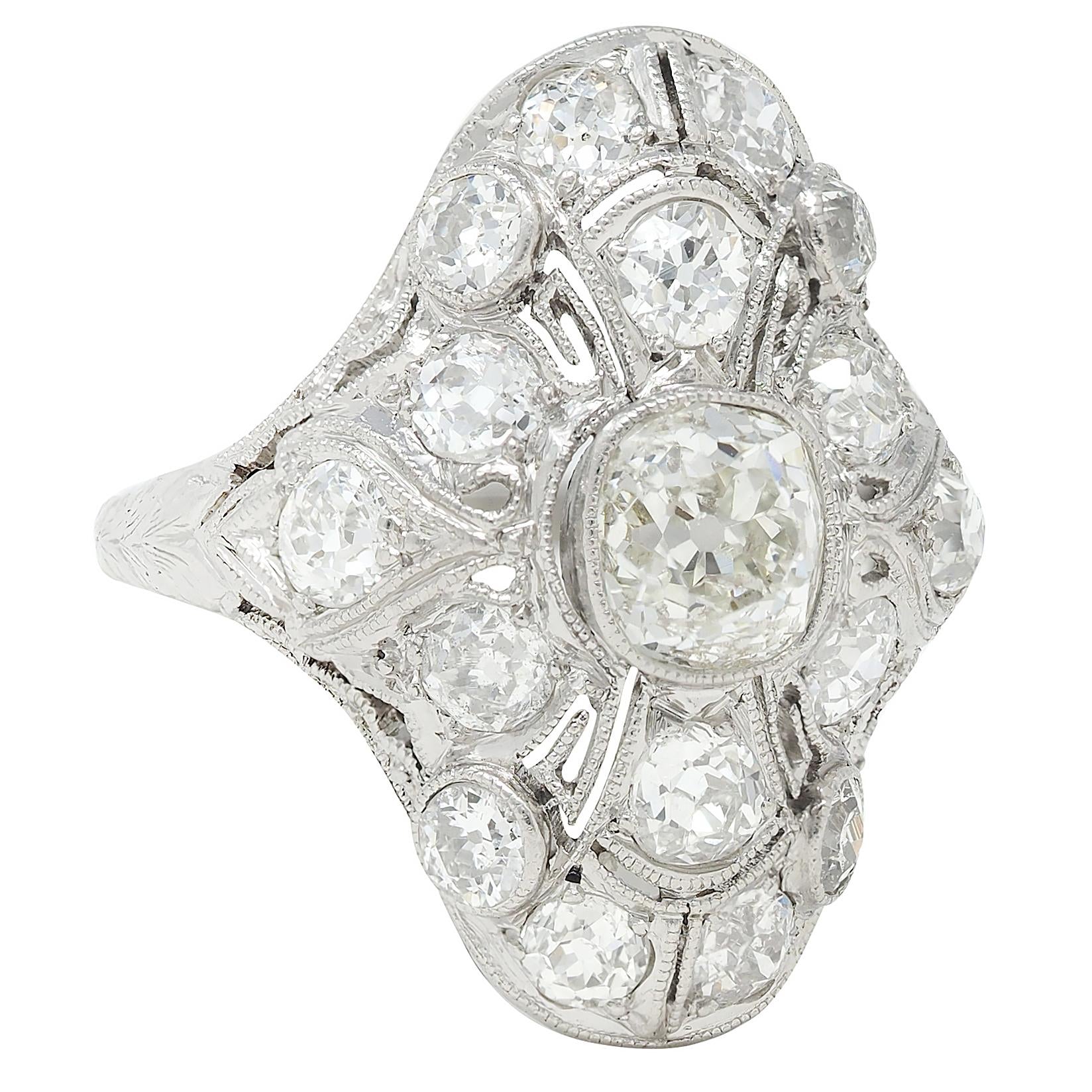Art Deco 3.26 CTW Diamond Platinum Vintage Greek Key Navette Dinner Ring
