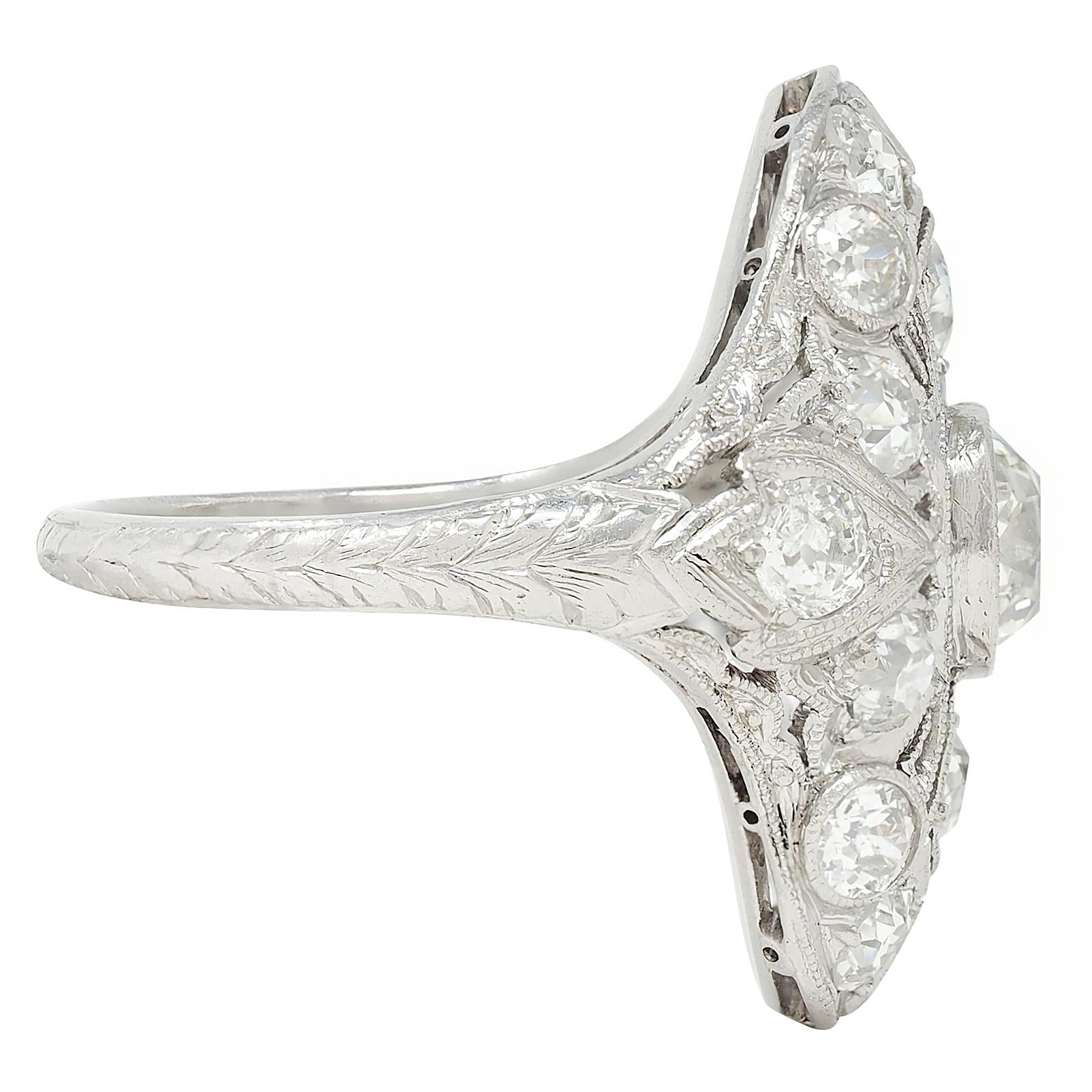 Art Deco 3.26 CTW Diamond Platinum Vintage Greek Key Navette Dinner Ring
