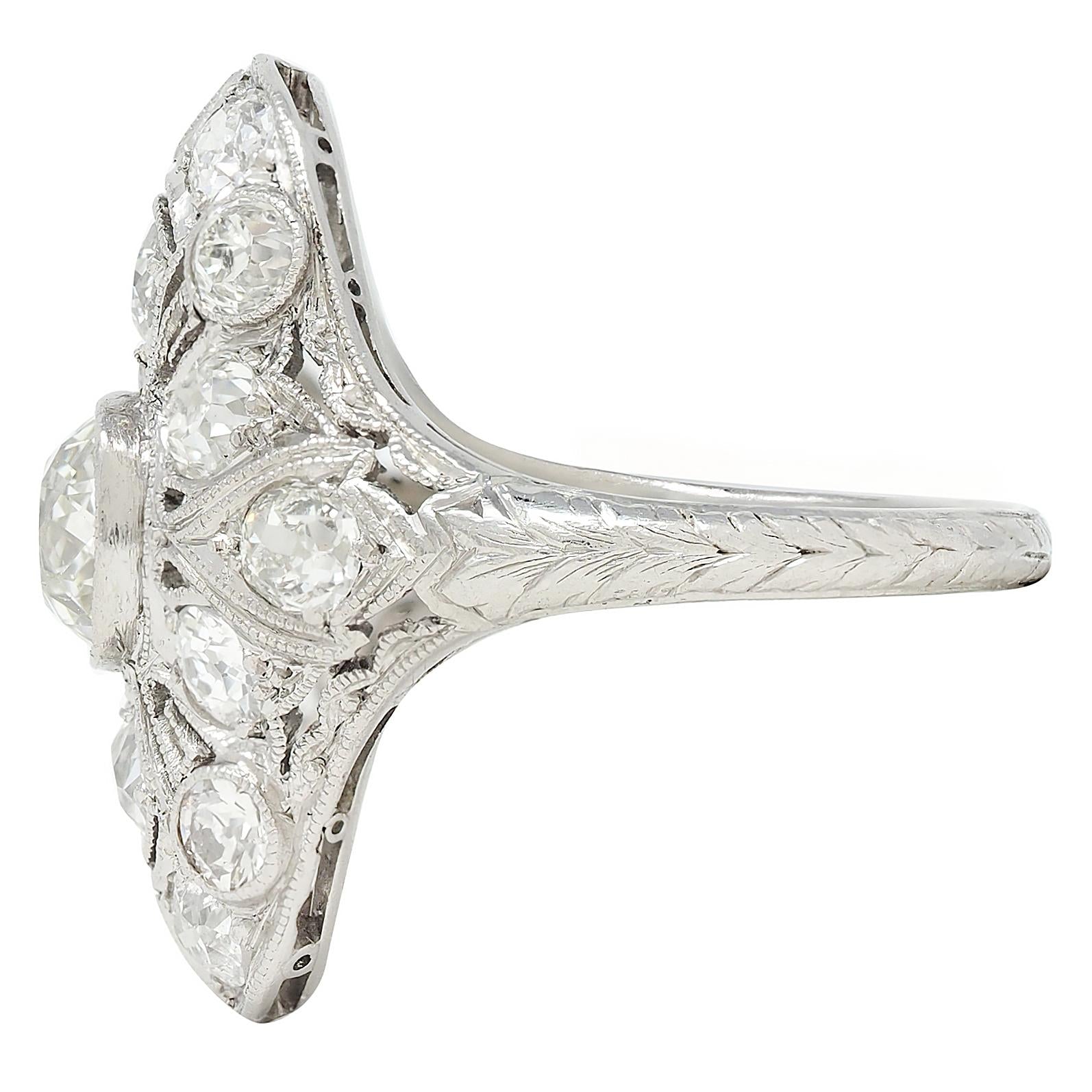 Art Deco 3.26 CTW Diamond Platinum Vintage Greek Key Navette Dinner Ring
