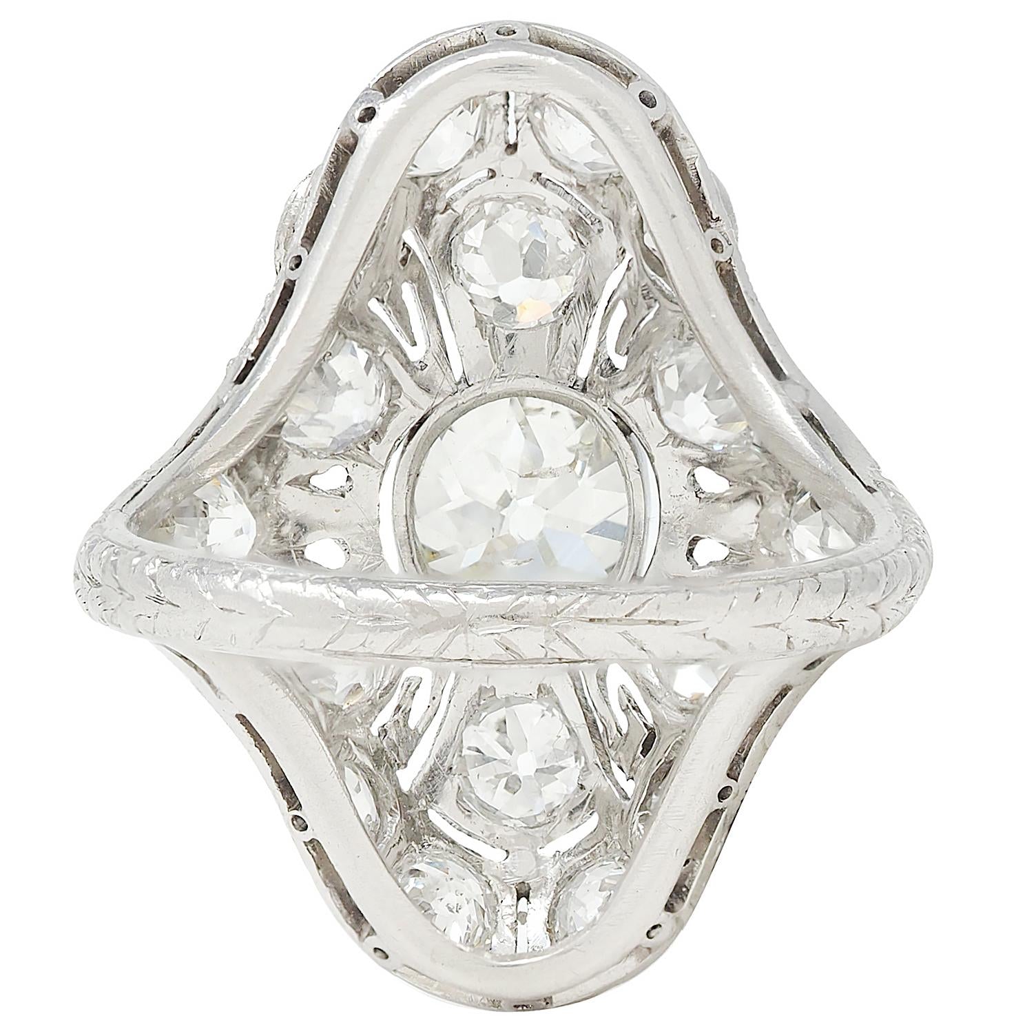 Art Deco 3.26 CTW Diamond Platinum Vintage Greek Key Navette Dinner Ring