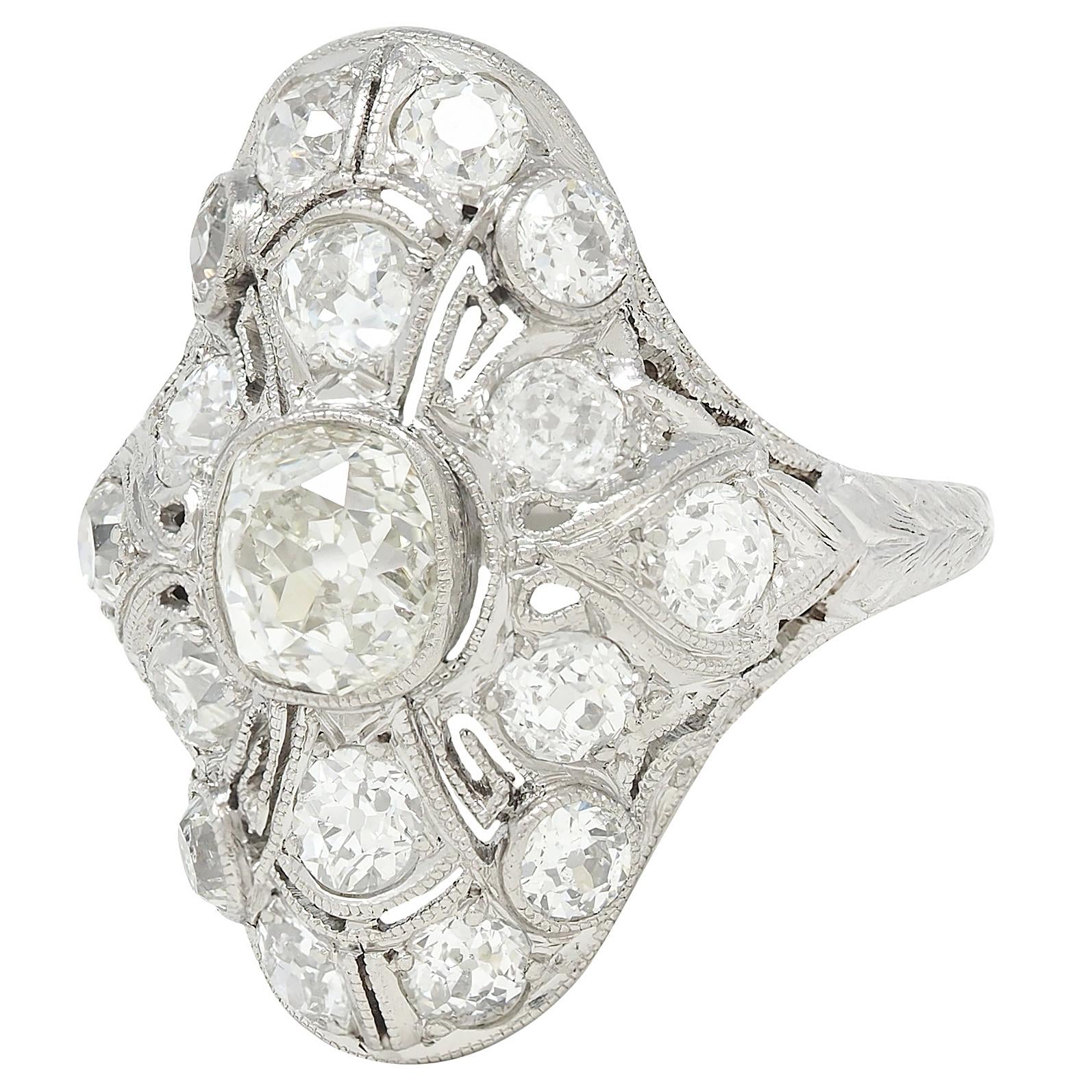 Art Deco 3.26 CTW Diamond Platinum Vintage Greek Key Navette Dinner Ring