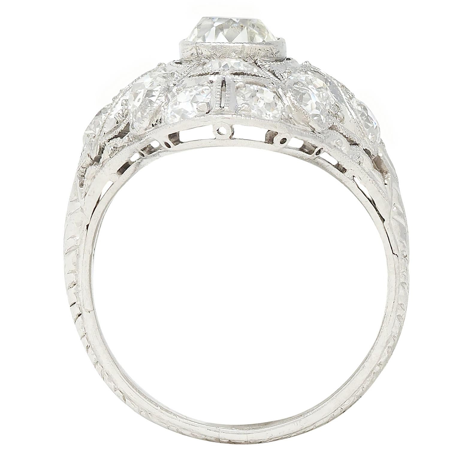 Art Deco 3.26 CTW Diamond Platinum Vintage Greek Key Navette Dinner Ring