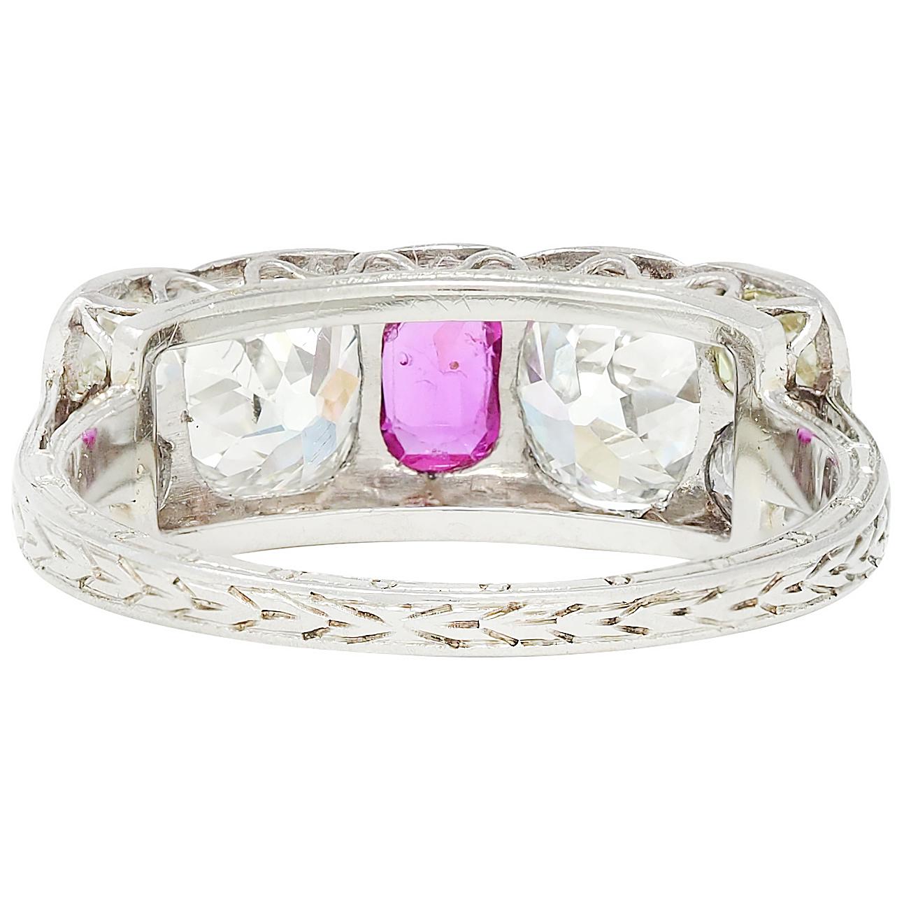 Art Deco 2.63 CTW Ruby Diamond 18K White Gold Vintage Wheat Band Ring
