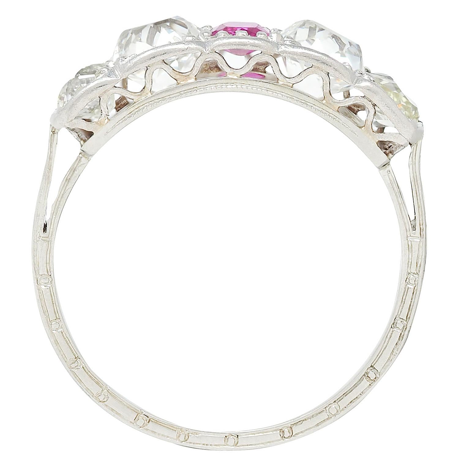 Art Deco 2.63 CTW Ruby Diamond 18K White Gold Vintage Wheat Band Ring