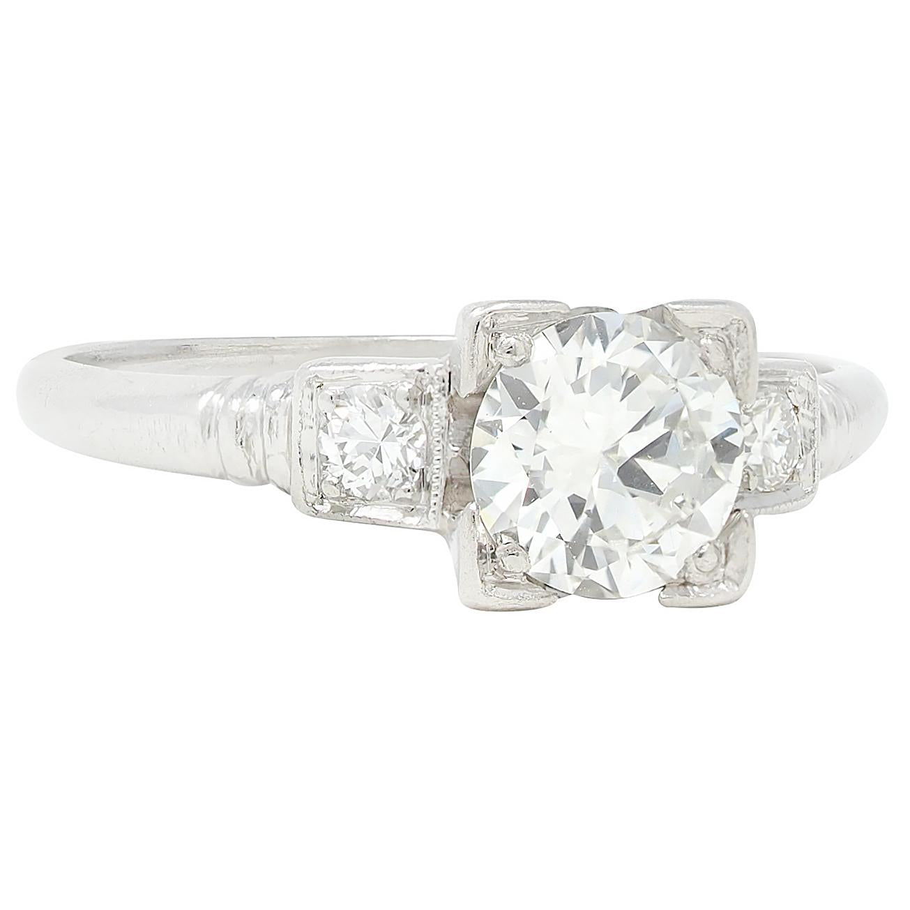 Retro 0.65 CTW Diamond Platinum Vintage Square Form Engagement Ring