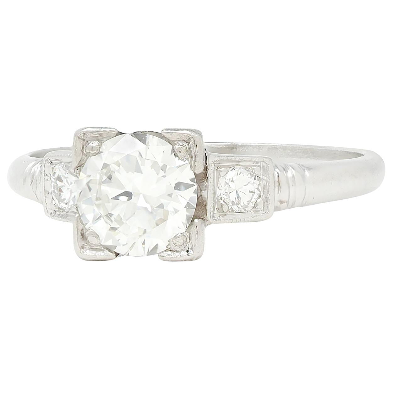 Retro 0.65 CTW Diamond Platinum Vintage Square Form Engagement Ring