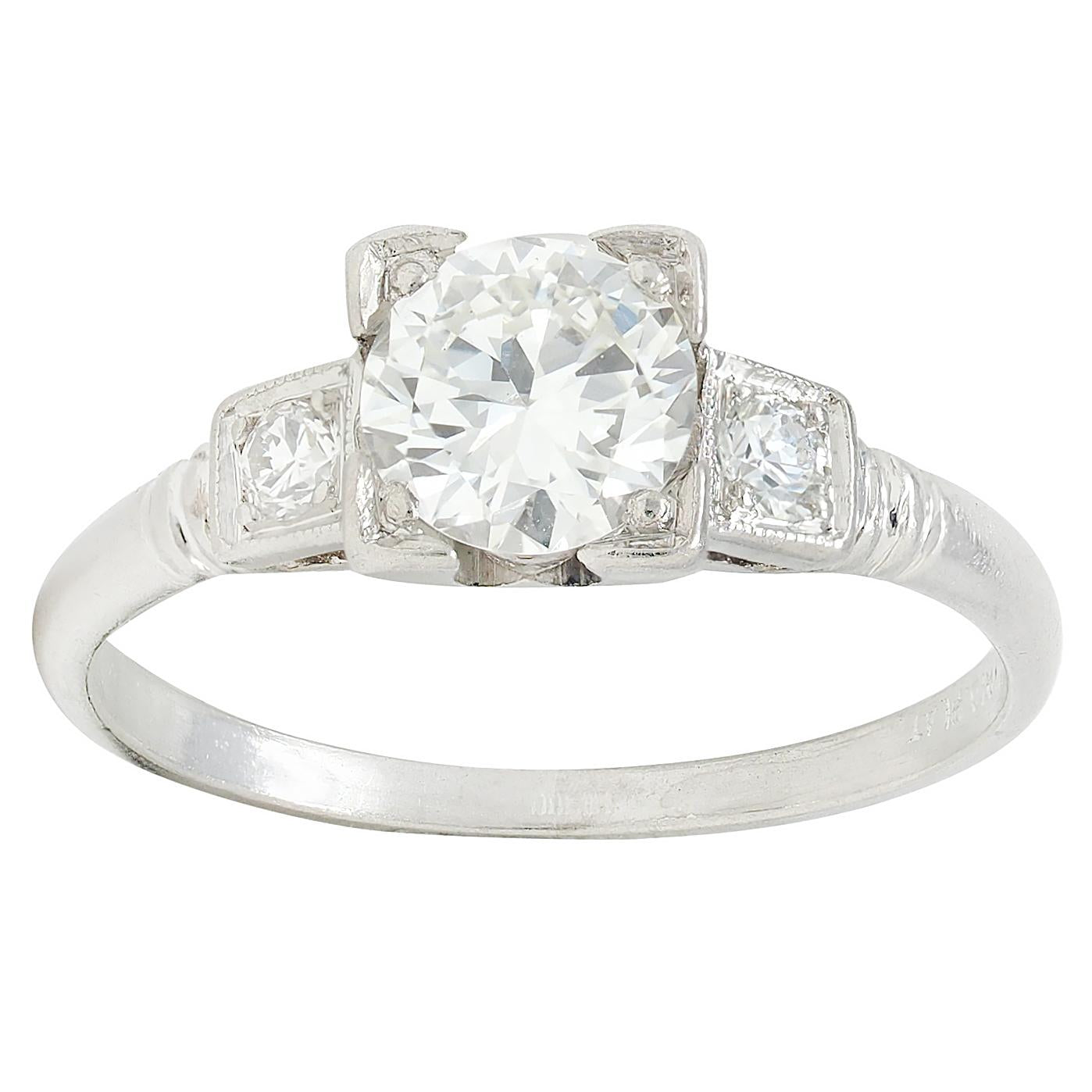 Retro 0.65 CTW Diamond Platinum Vintage Square Form Engagement Ring