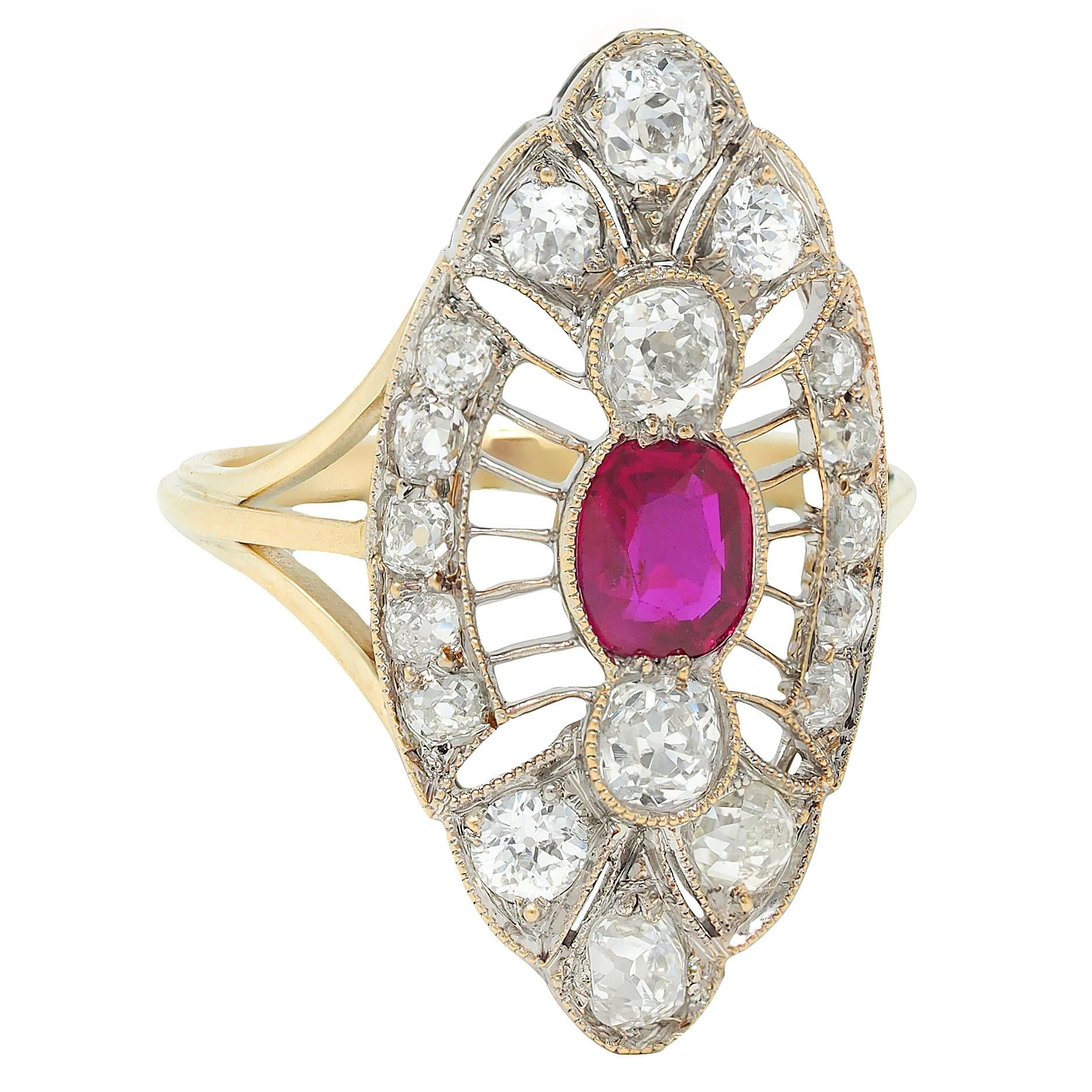 Edwardian 2.32 CTW Ruby Diamond 18K Two-Tone Gold Antique Navette Dinner Ring