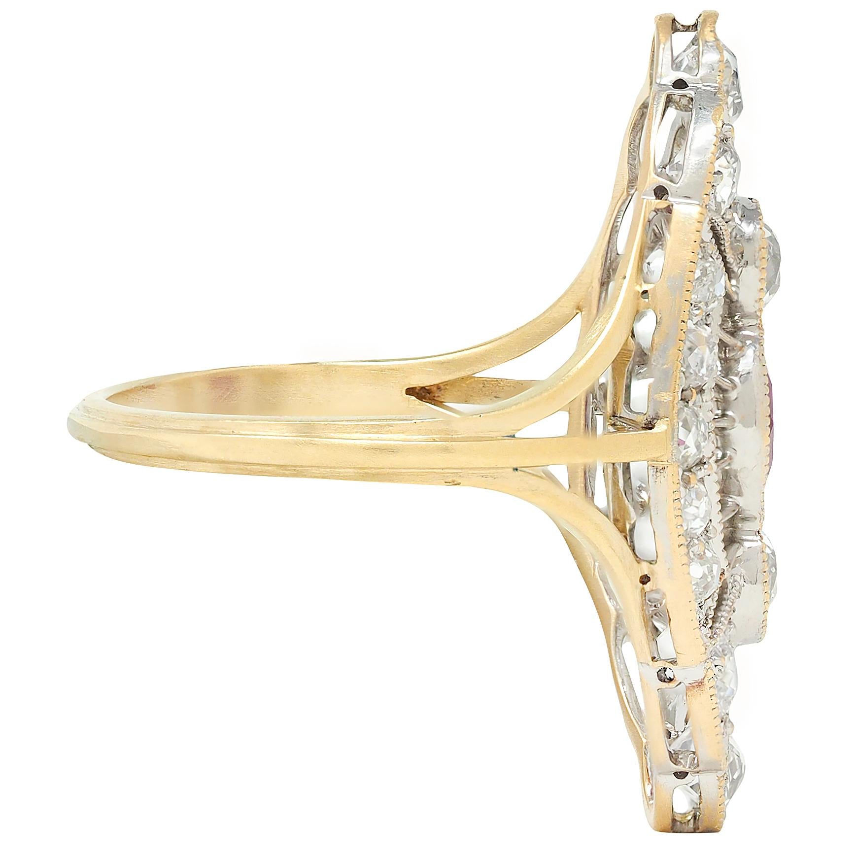 Edwardian 2.32 CTW Ruby Diamond 18K Two-Tone Gold Antique Navette Dinner Ring