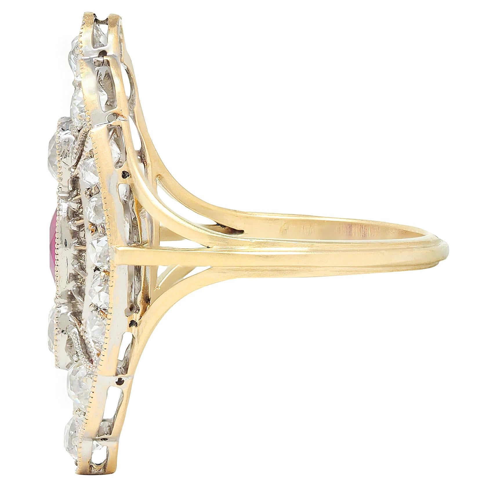 Edwardian 2.32 CTW Ruby Diamond 18K Two-Tone Gold Antique Navette Dinner Ring
