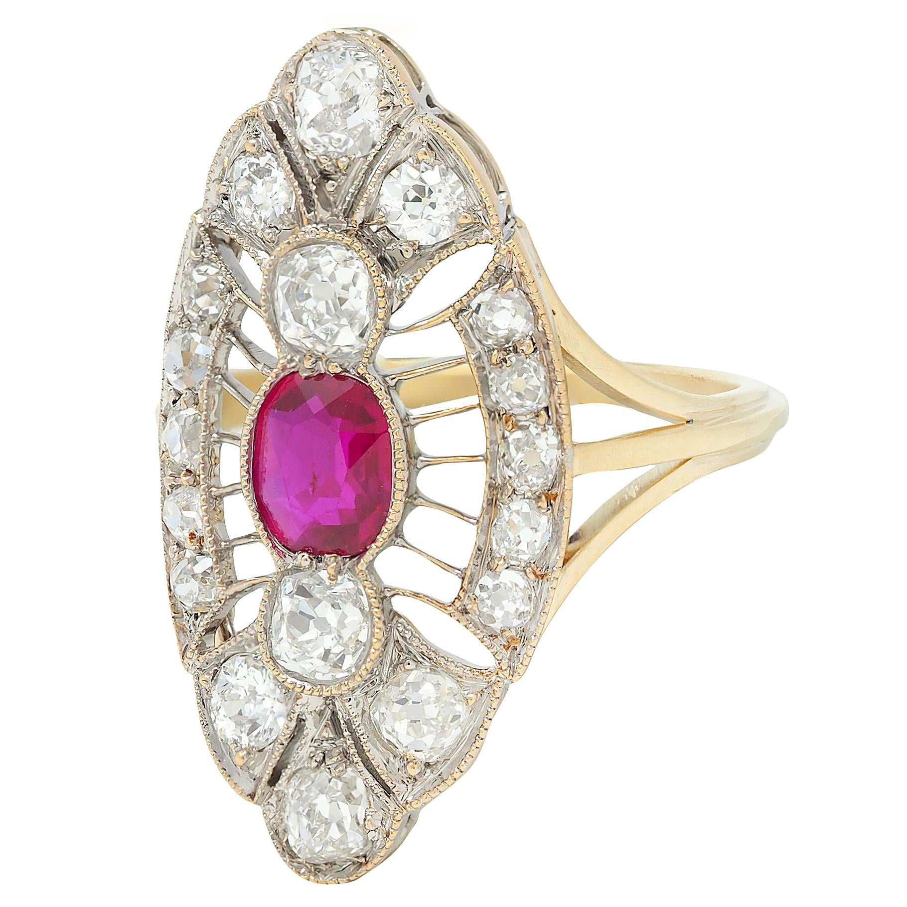 Edwardian 2.32 CTW Ruby Diamond 18K Two-Tone Gold Antique Navette Dinner Ring