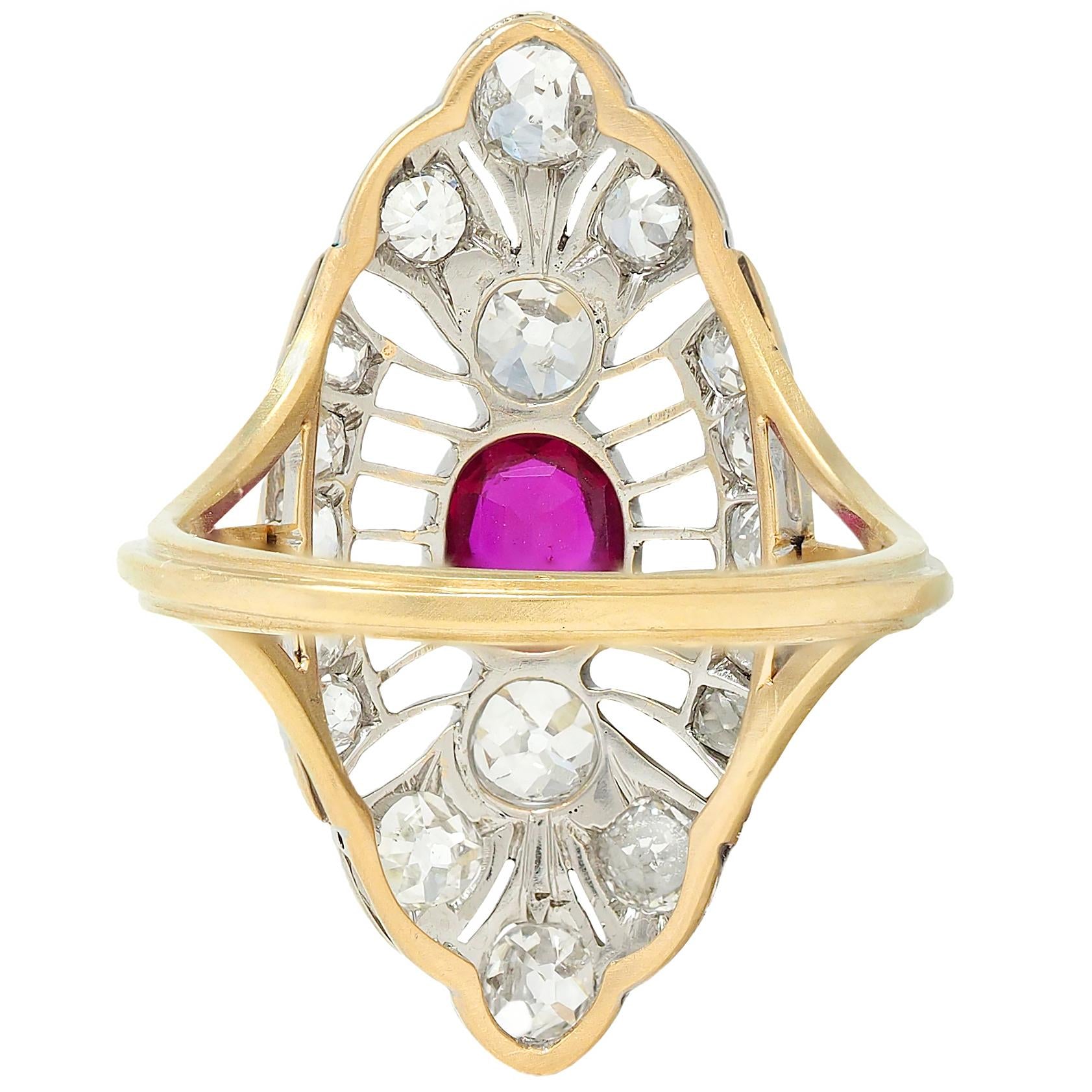 Edwardian 2.32 CTW Ruby Diamond 18K Two-Tone Gold Antique Navette Dinner Ring