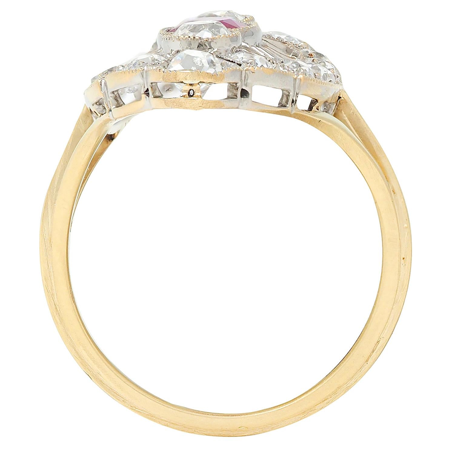 Edwardian 2.32 CTW Ruby Diamond 18K Two-Tone Gold Antique Navette Dinner Ring