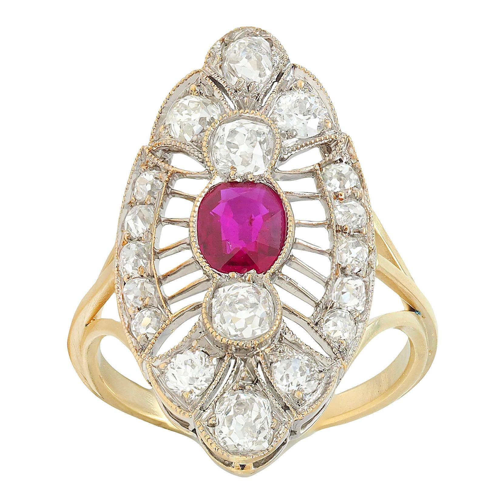 Edwardian 2.32 CTW Ruby Diamond 18K Two-Tone Gold Antique Navette Dinner Ring