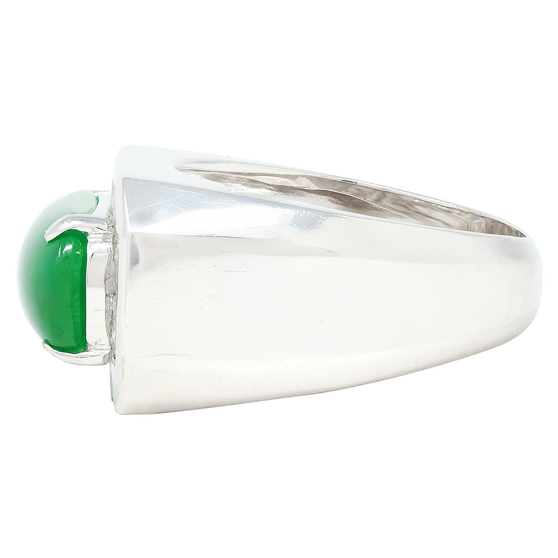 Contemporary Type A Jadeite Jade Diamond 18 Karat White Gold Halo Ring GIA