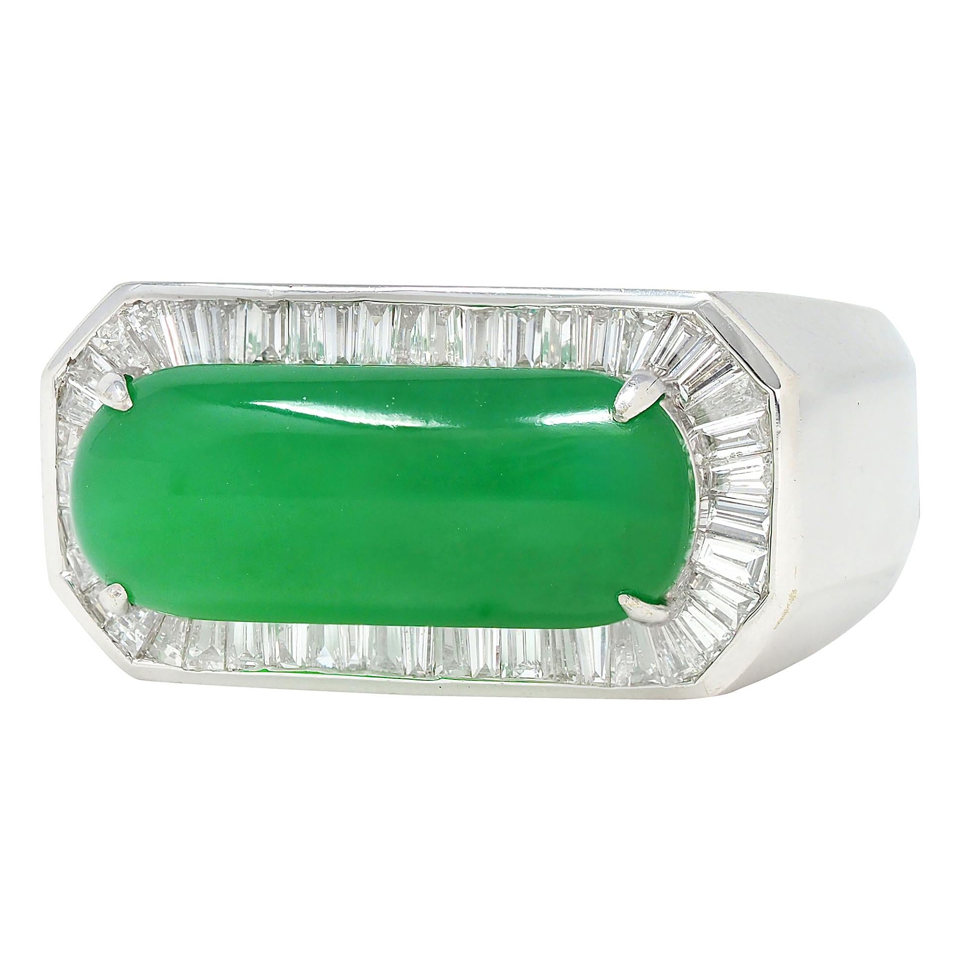 Contemporary Type A Jadeite Jade Diamond 18 Karat White Gold Halo Ring GIA