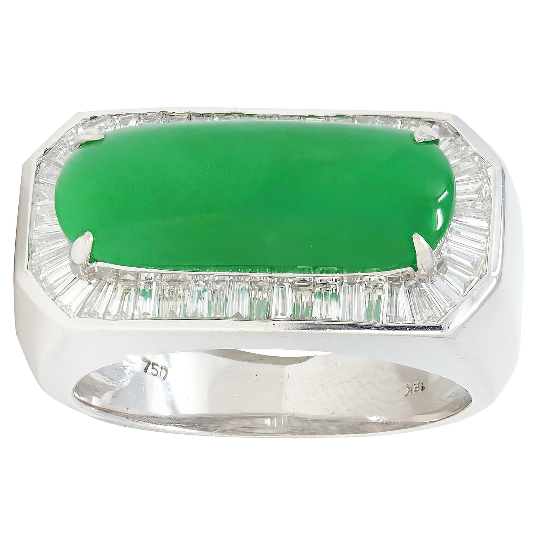 Contemporary Type A Jadeite Jade Diamond 18 Karat White Gold Halo Ring GIA