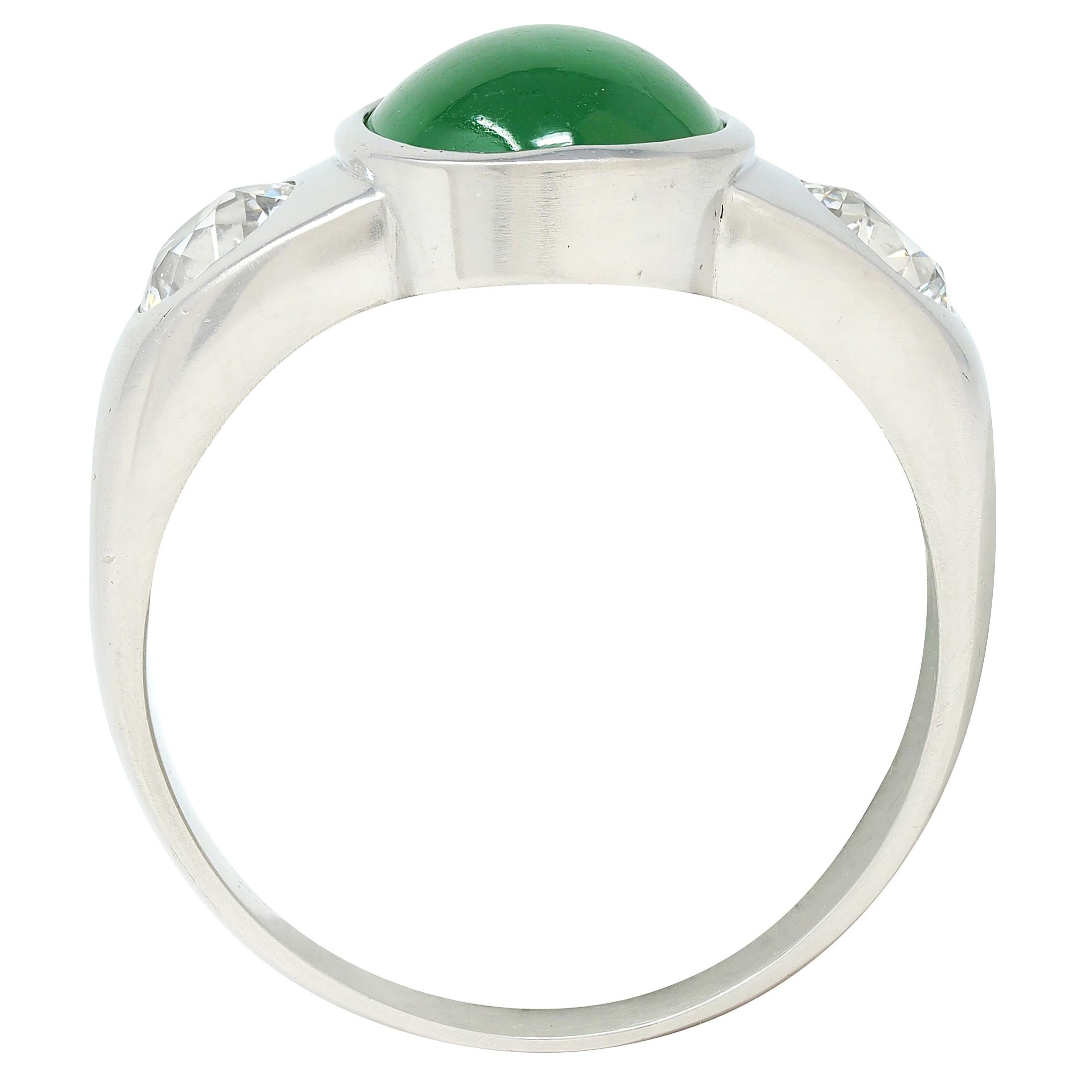 Contemporary Jade Diamond Platinum Three Stone Unisex Men's Bezel Ring