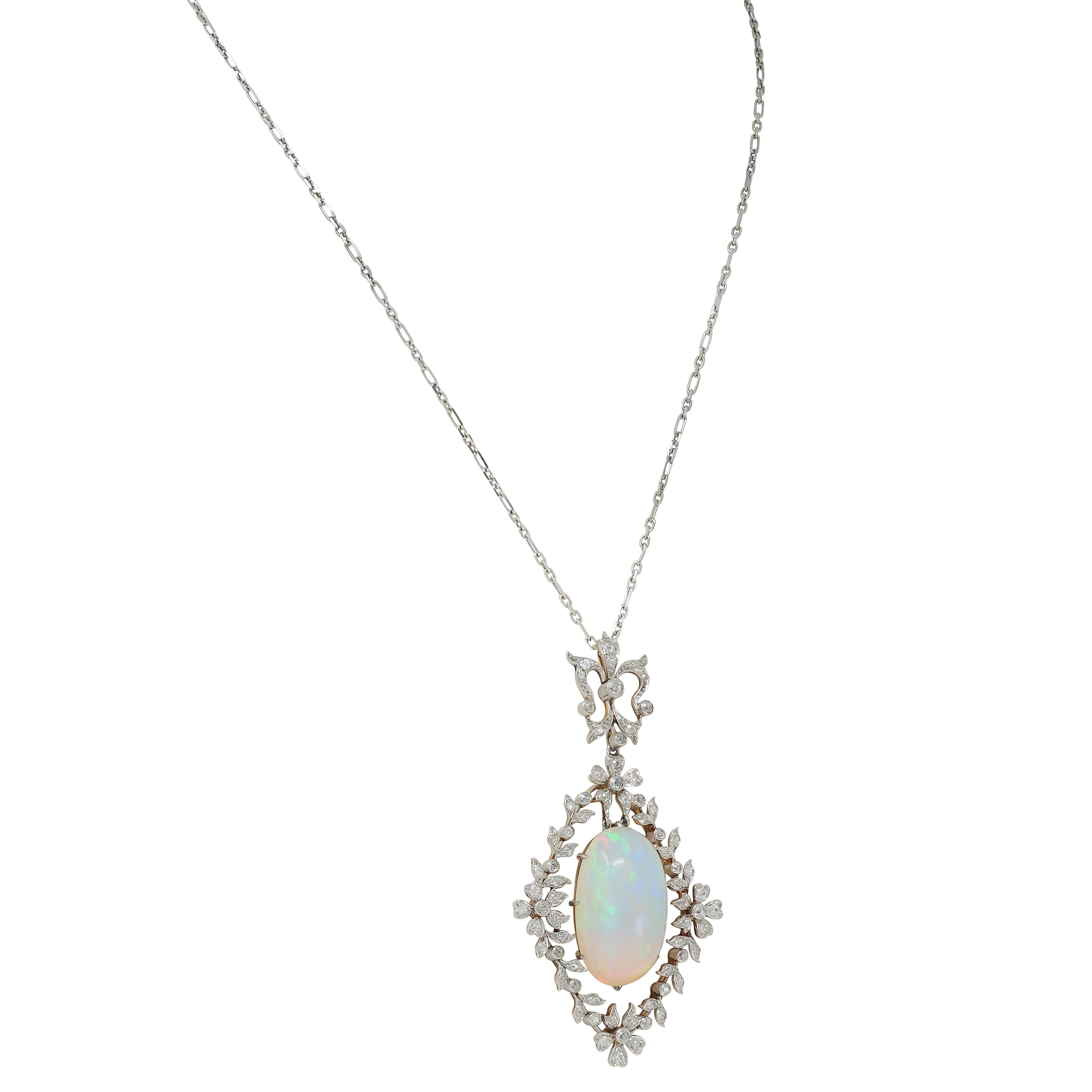 Edwardian Opal Diamond Platinum 18K Gold Garland Antique Pendant Necklace