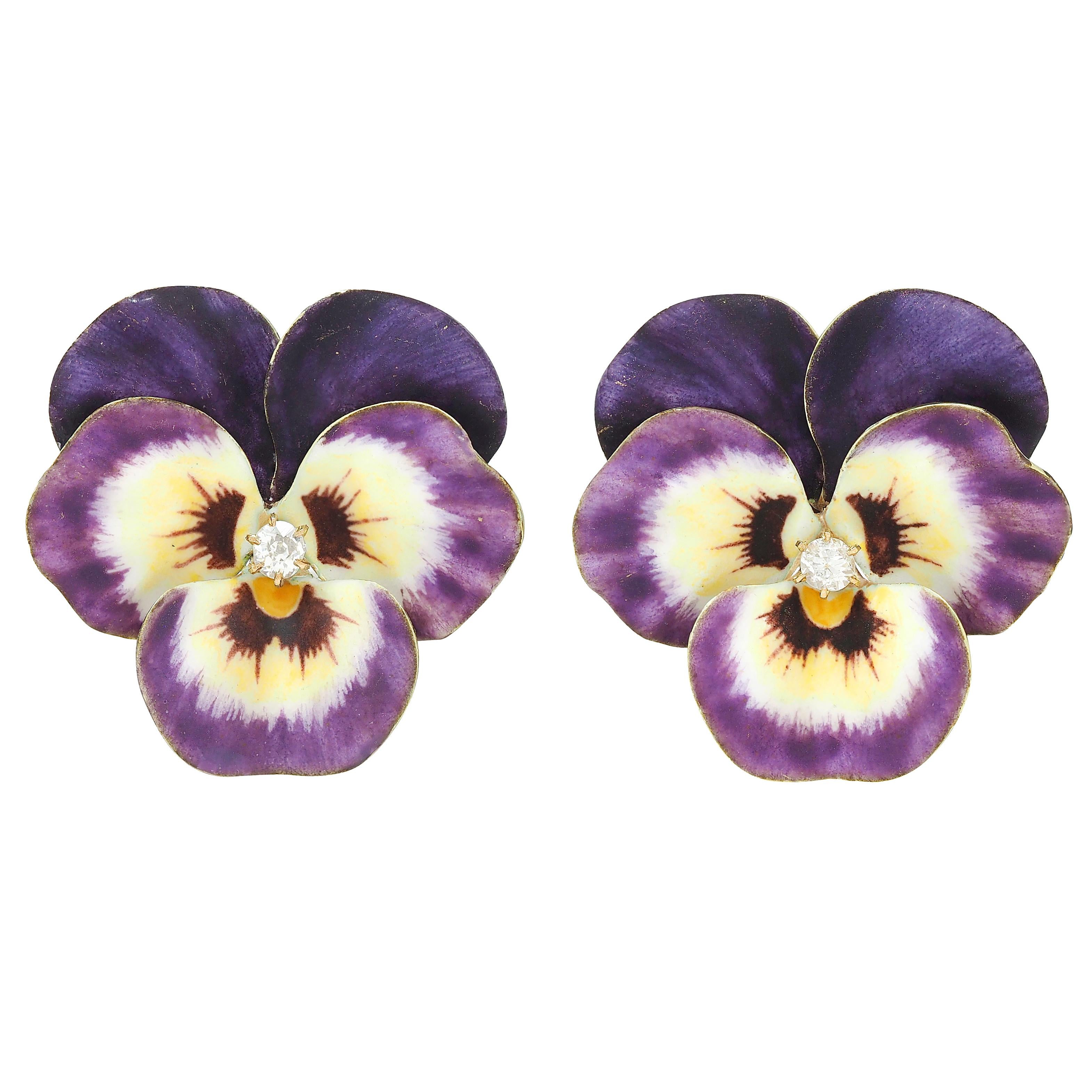 Hedges & Co. Art Nouveau Diamond Enamel 14K Gold Antique Painted Pansy Earrings