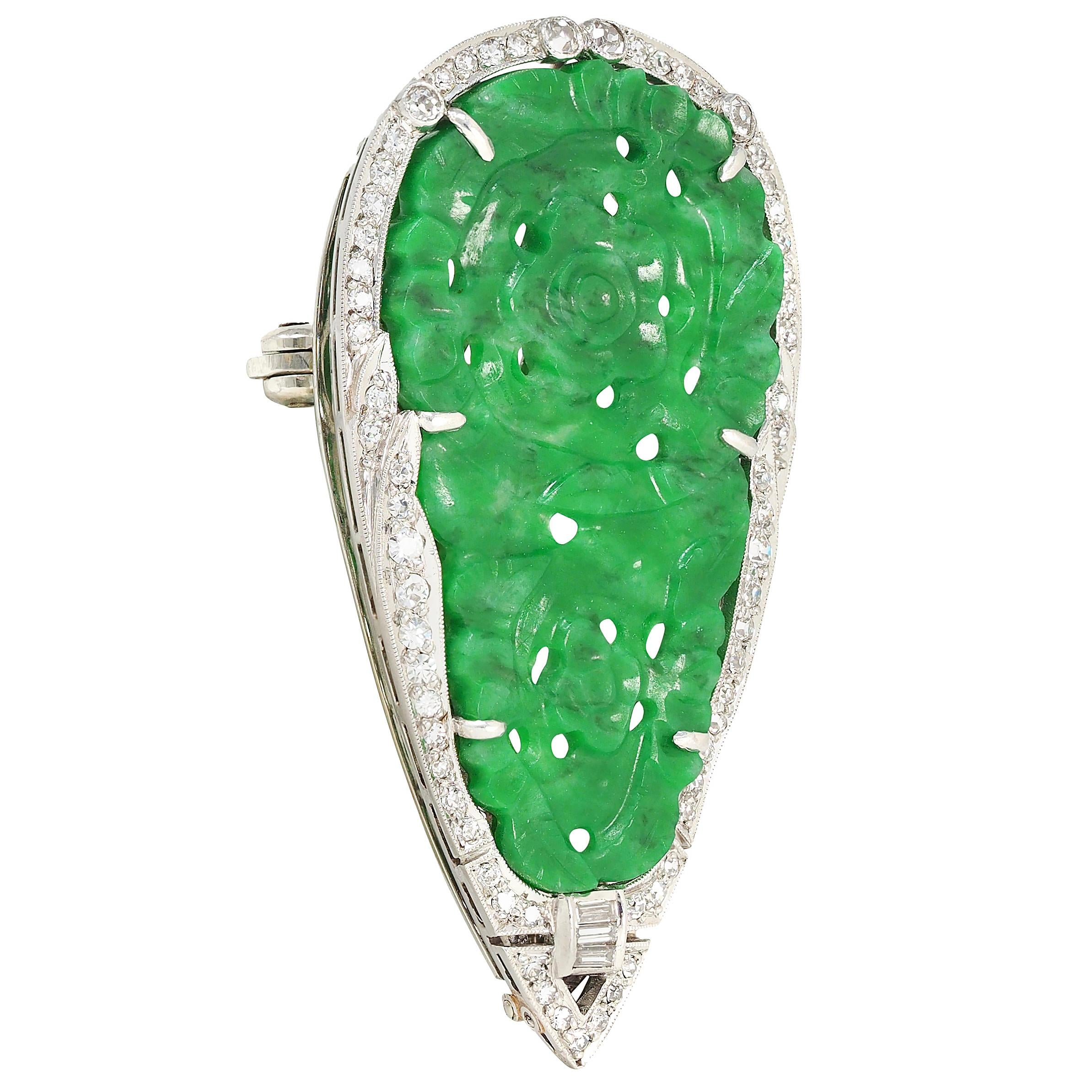 Marcus & Co. Art Deco Carved Jade Diamond Platinum Floral Brooch Pendant Clip