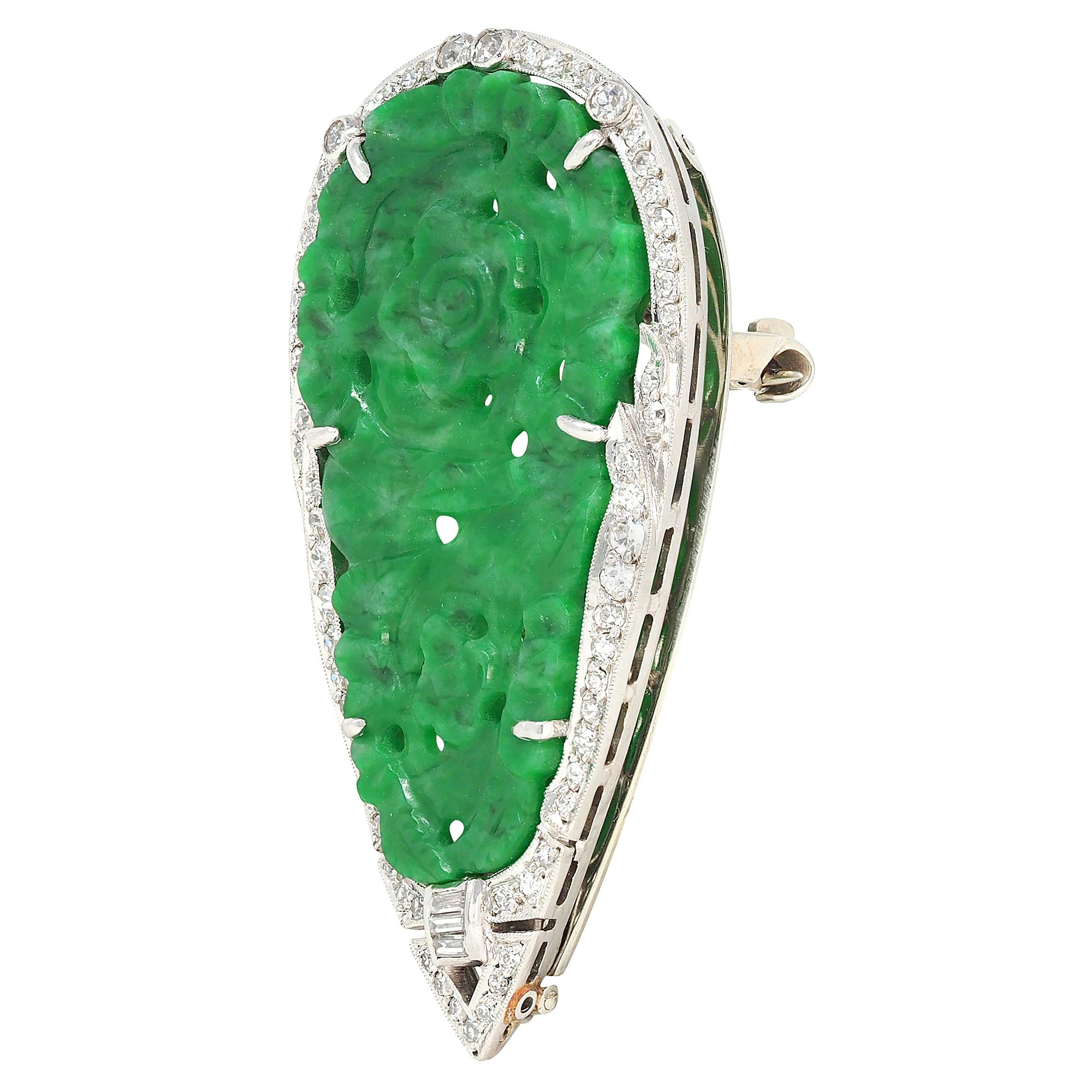 Marcus & Co. Art Deco Carved Jade Diamond Platinum Floral Brooch Pendant Clip