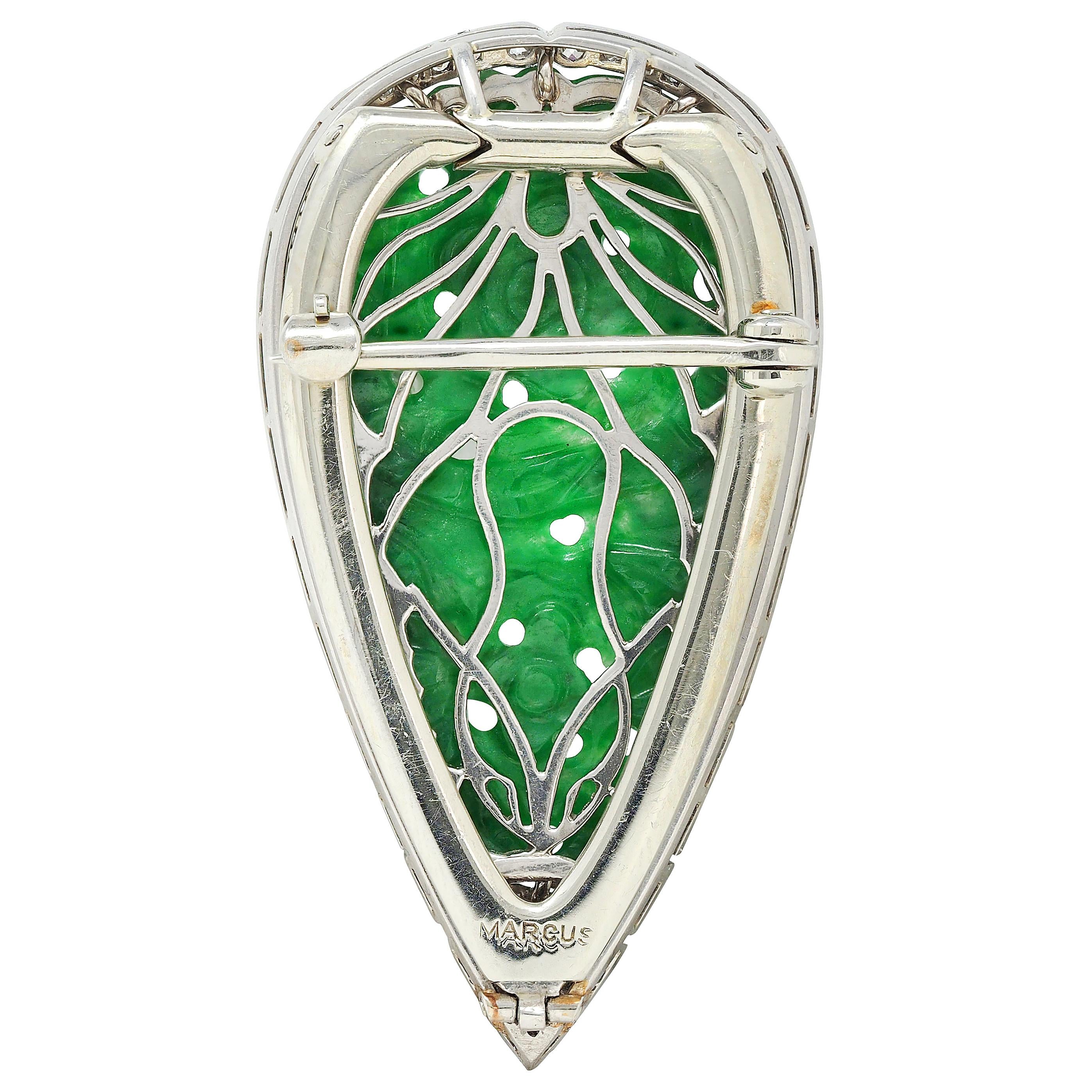 Marcus & Co. Art Deco Carved Jade Diamond Platinum Floral Brooch Pendant Clip