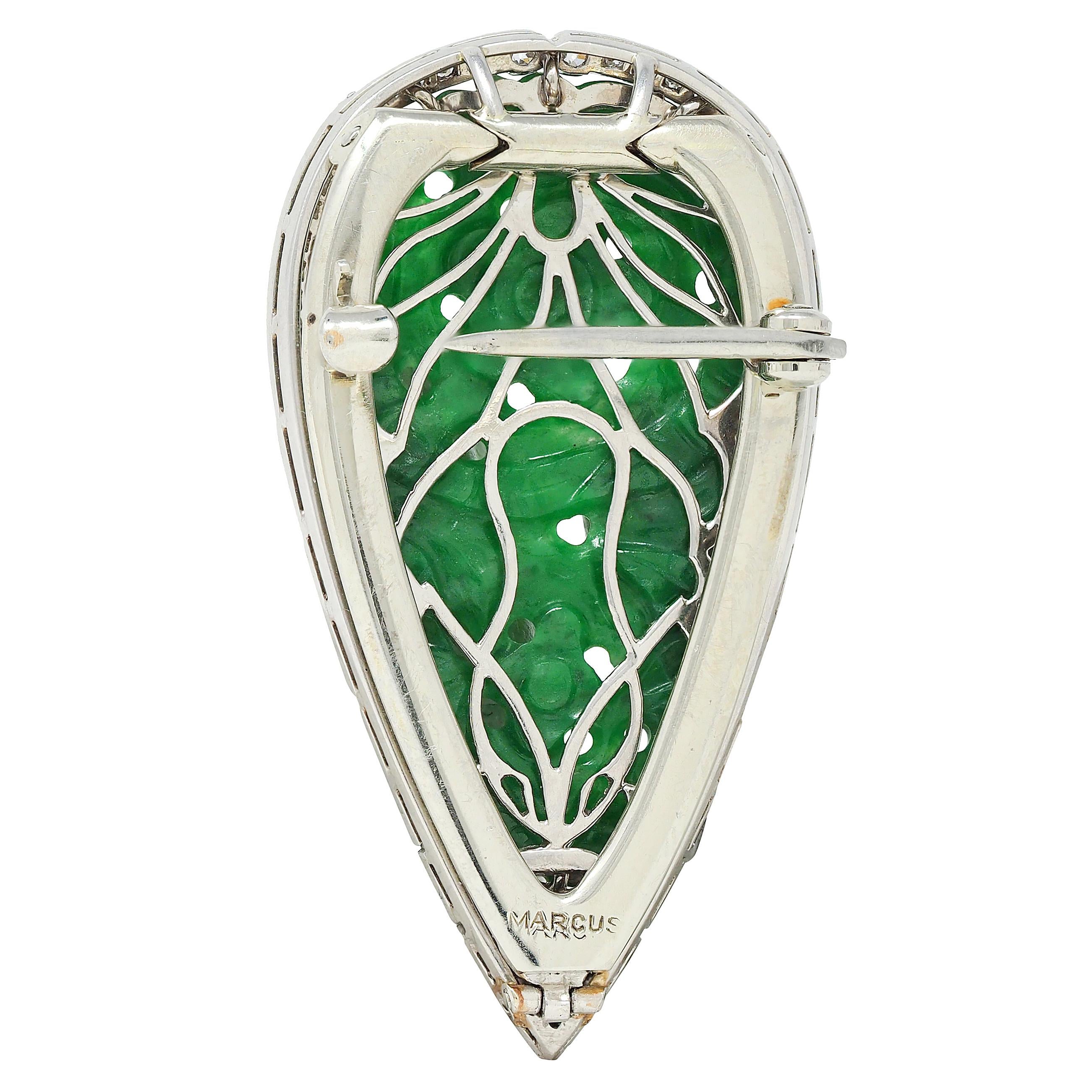 Marcus & Co. Art Deco Carved Jade Diamond Platinum Floral Brooch Pendant Clip