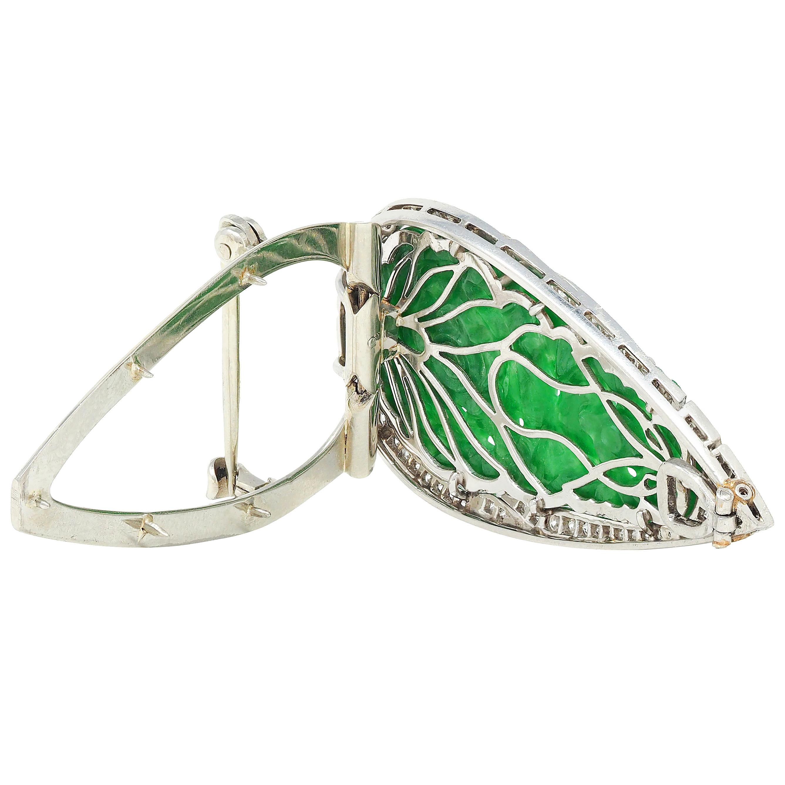 Marcus & Co. Art Deco Carved Jade Diamond Platinum Floral Brooch Pendant Clip
