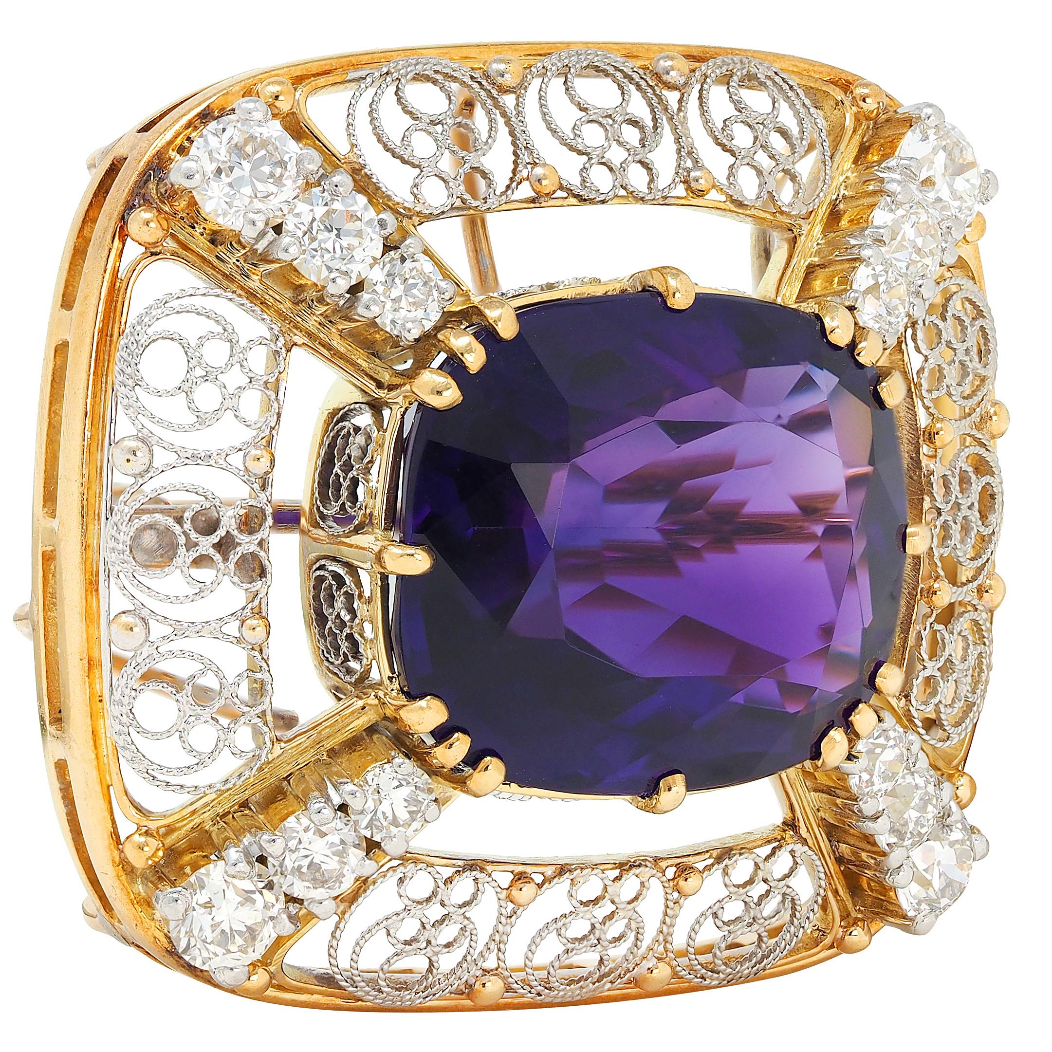 Louis Comfort Tiffany & Co. Amethyst Diamond Platinum 14K Gold Antique Brooch