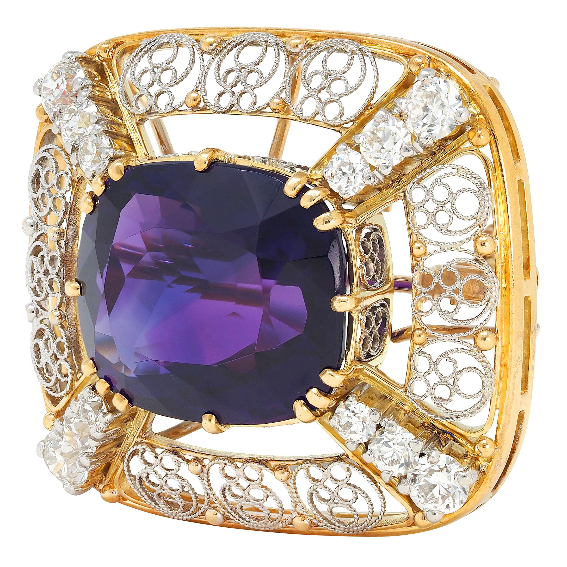 Louis Comfort Tiffany & Co. Amethyst Diamond Platinum 14K Gold Antique Brooch