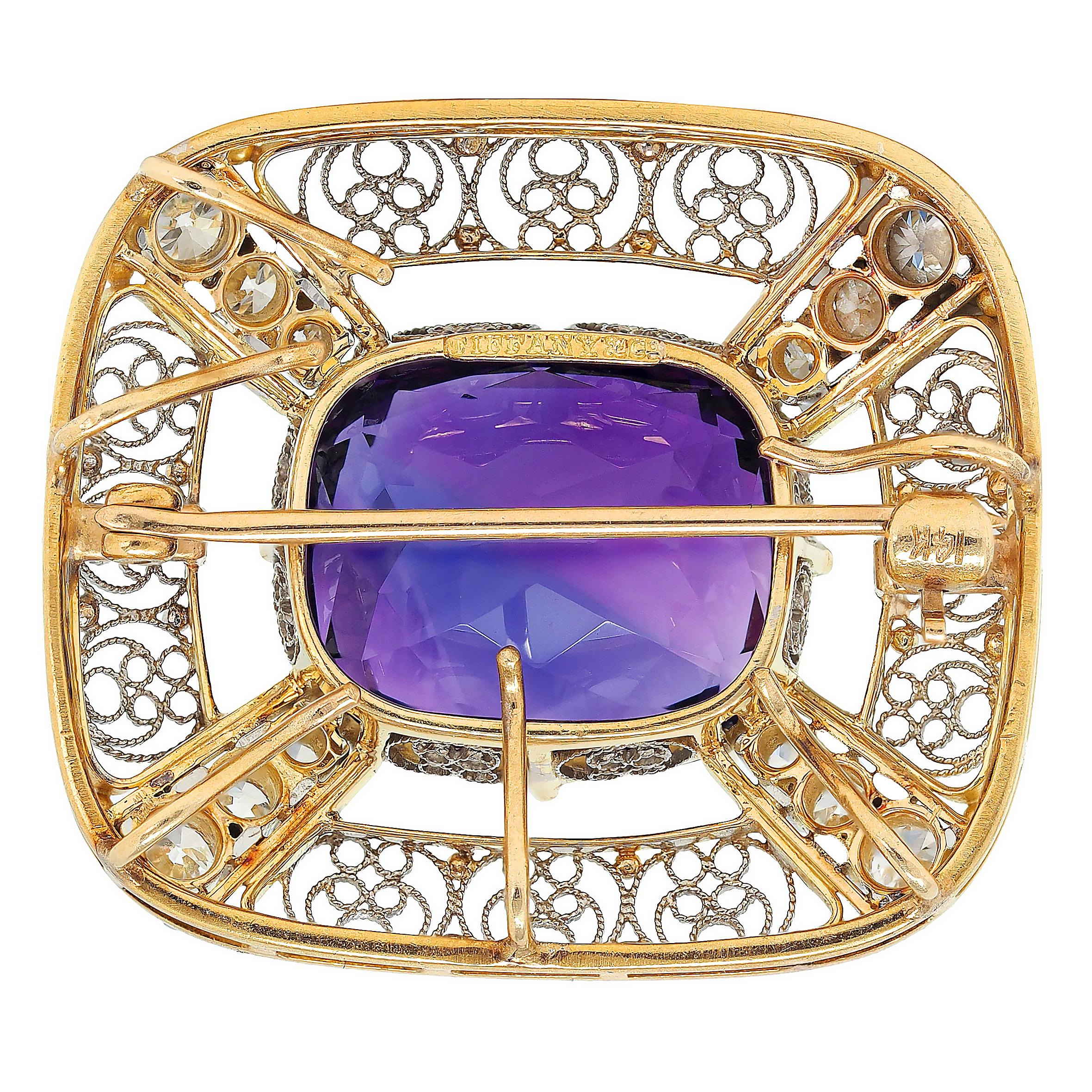 Louis Comfort Tiffany & Co. Amethyst Diamond Platinum 14K Gold Antique Brooch