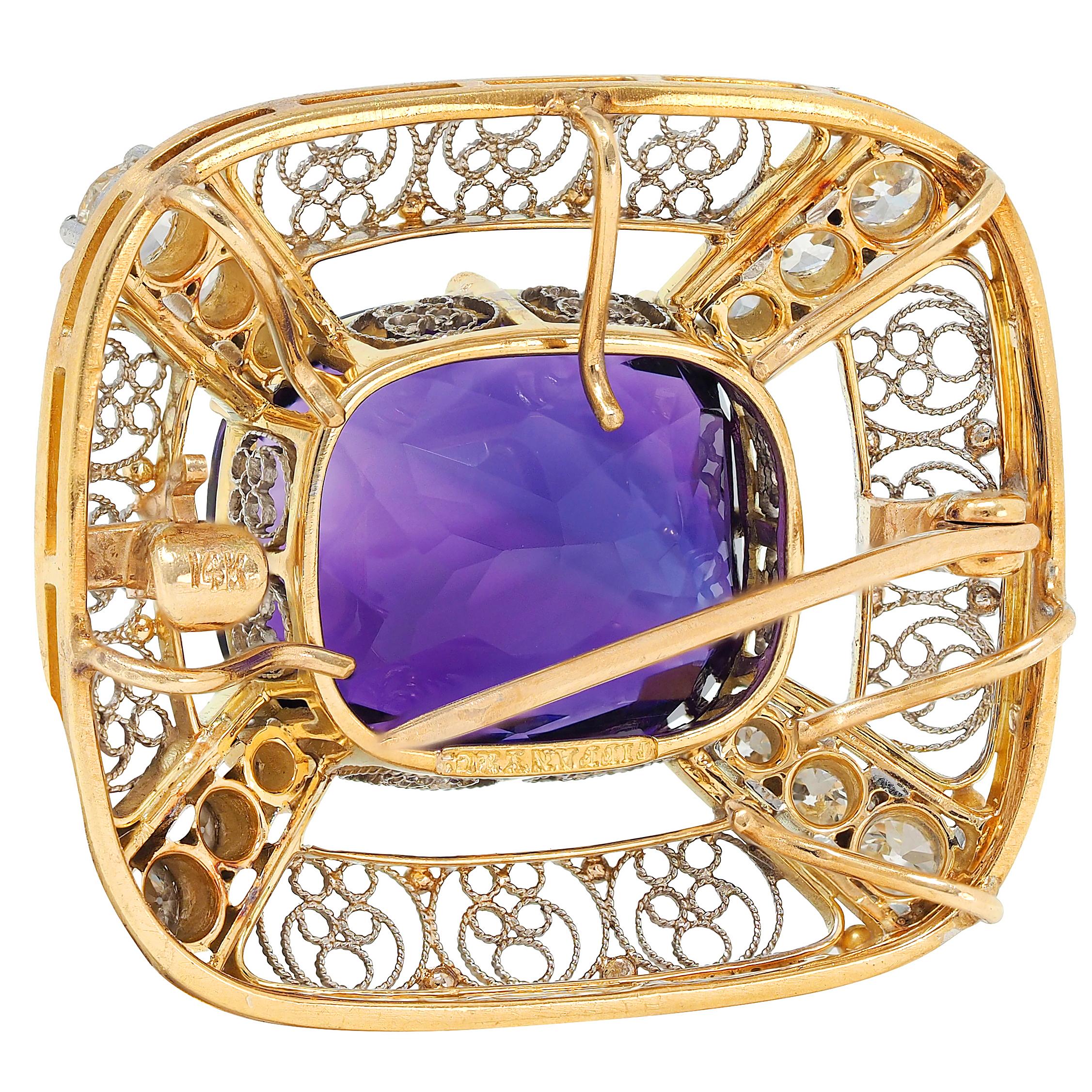 Louis Comfort Tiffany & Co. Amethyst Diamond Platinum 14K Gold Antique Brooch