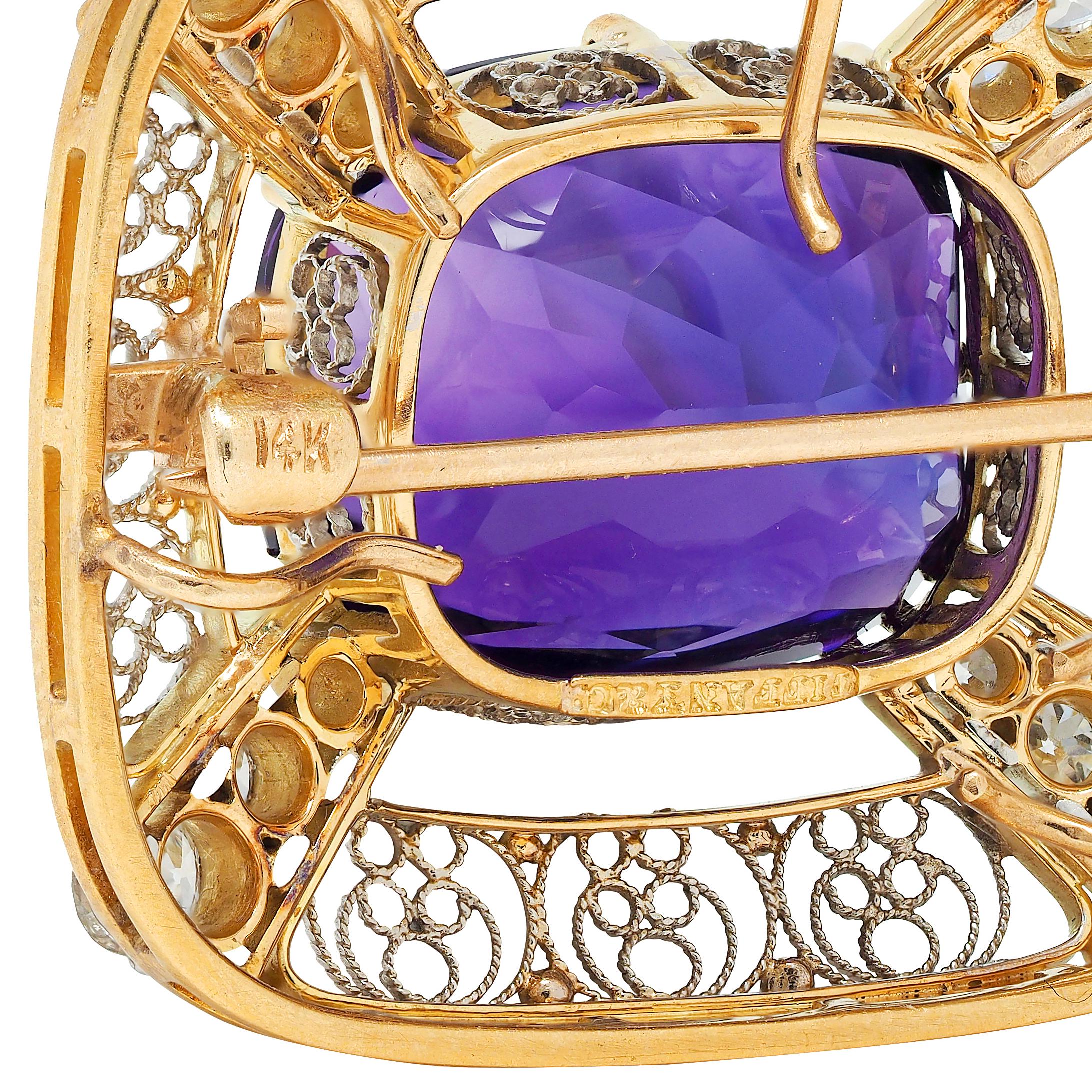 Louis Comfort Tiffany & Co. Amethyst Diamond Platinum 14K Gold Antique Brooch