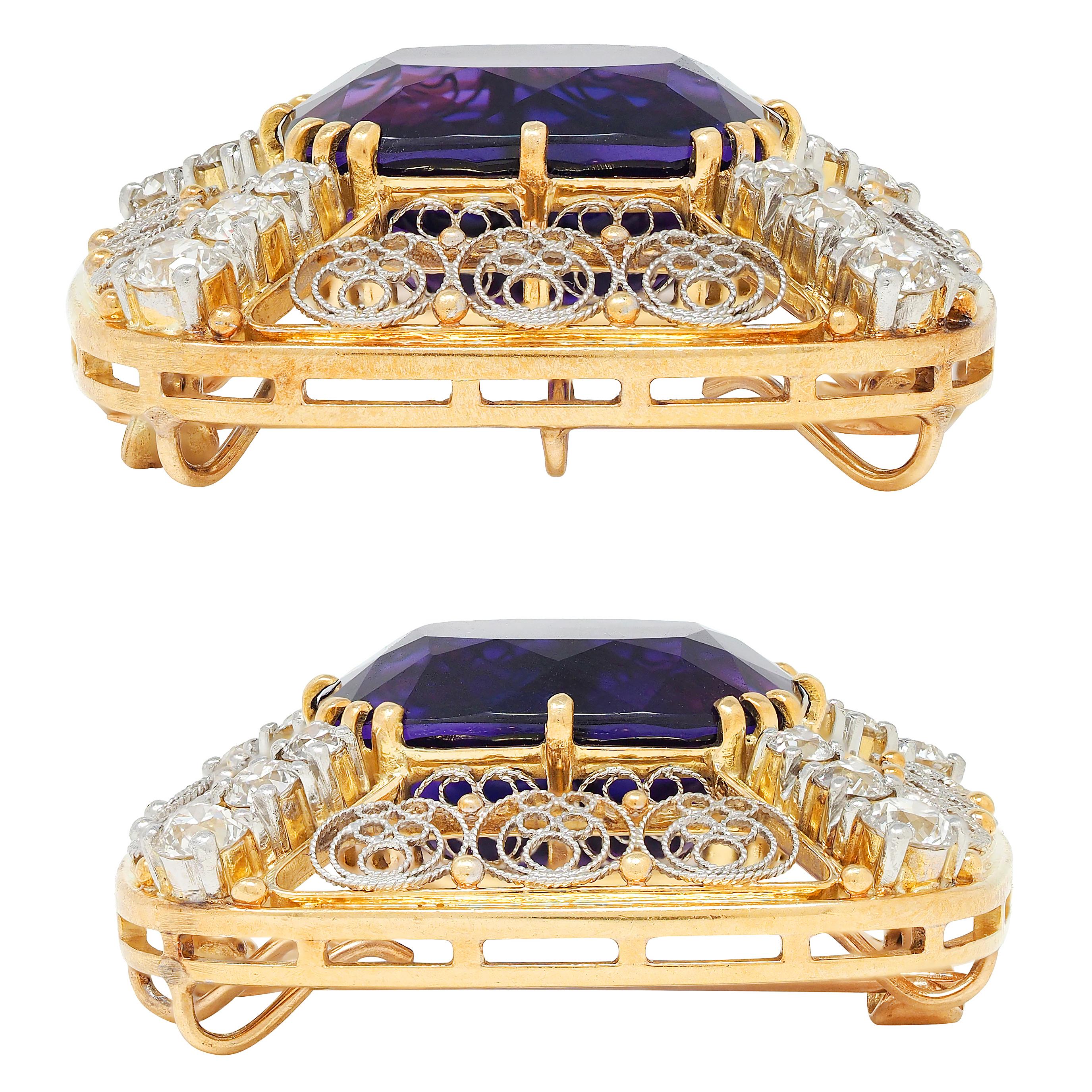 Louis Comfort Tiffany & Co. Amethyst Diamond Platinum 14K Gold Antique Brooch