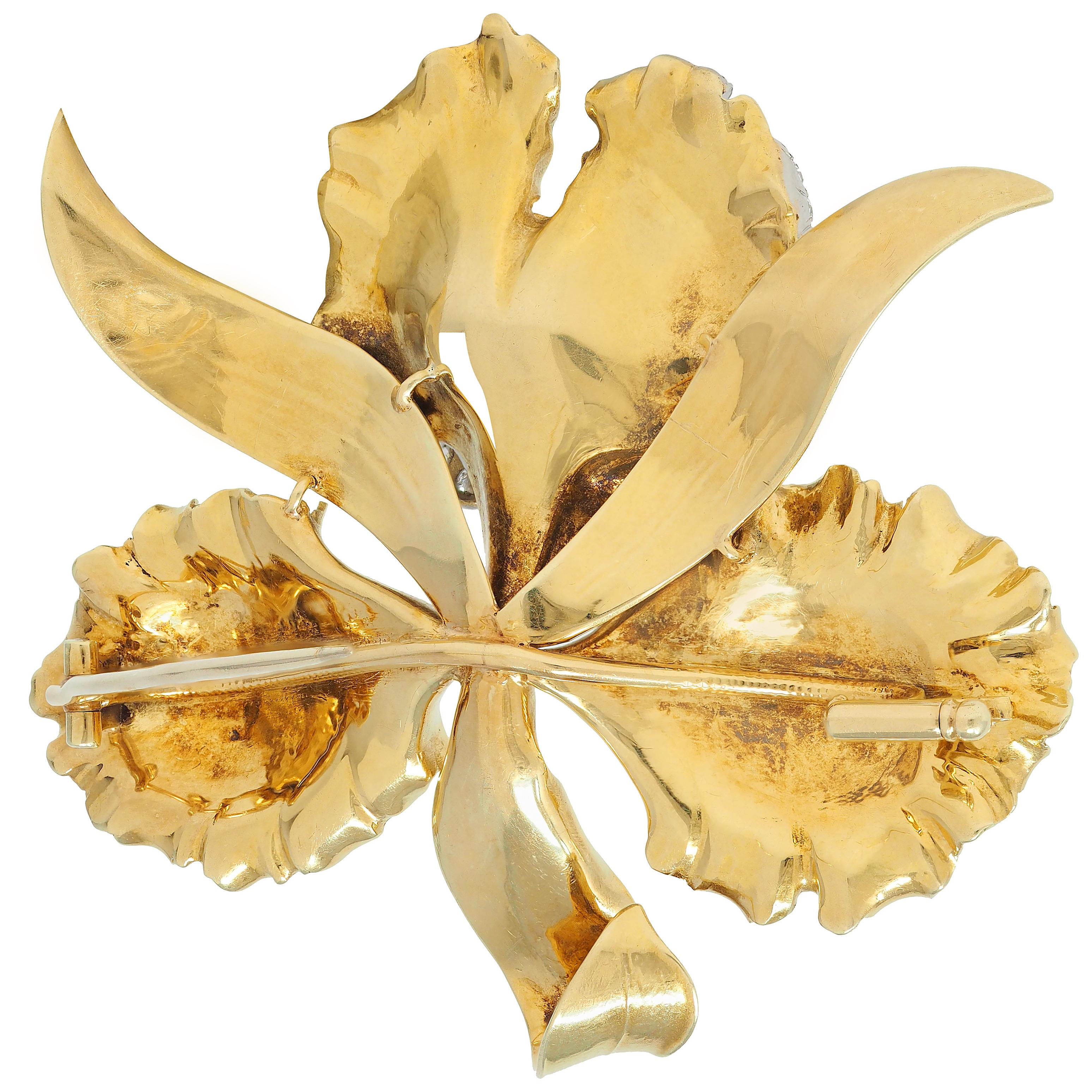 Mid-Century 3.35 CTW Diamond Emerald Platinum 14K Gold Vintage Orchid Brooch